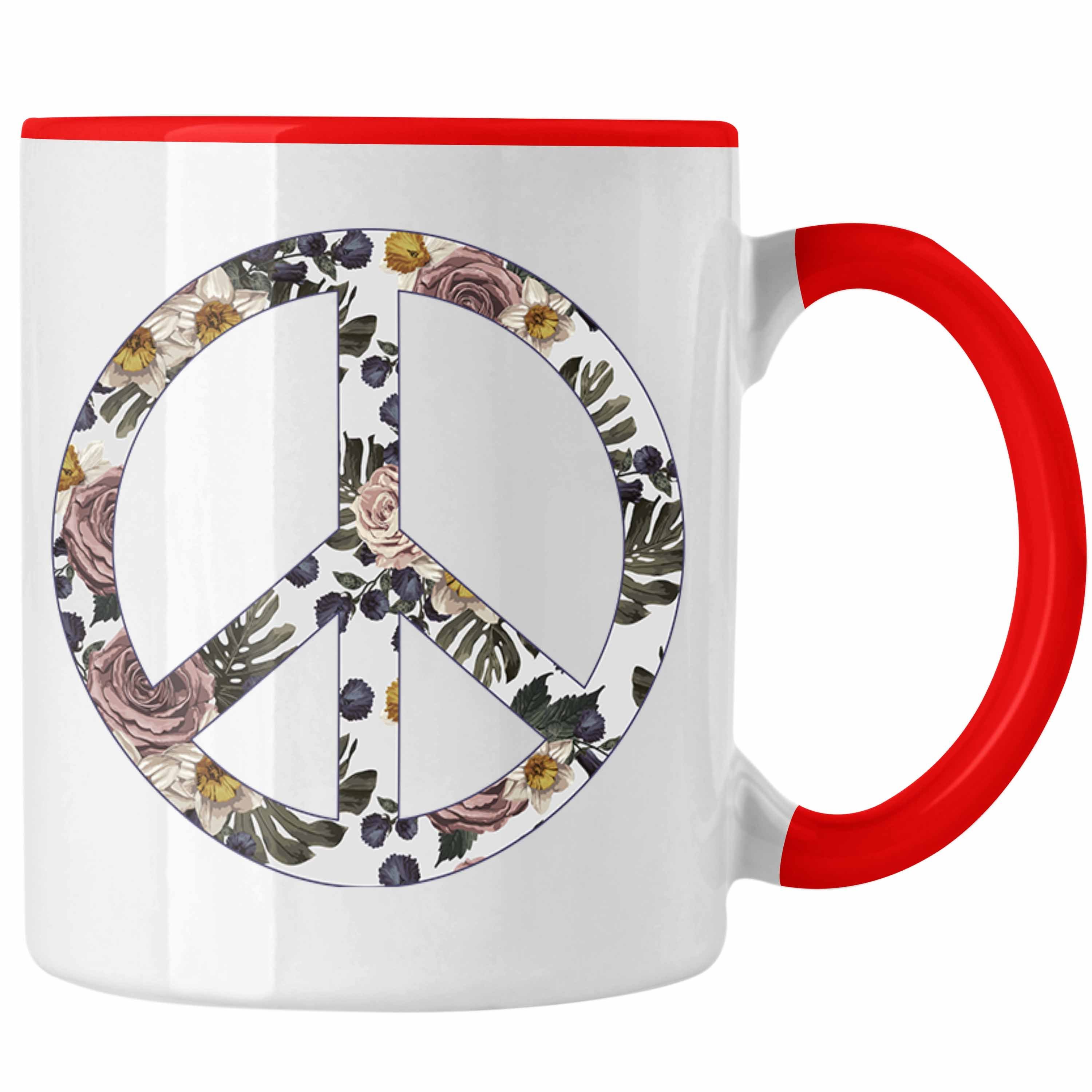 Trendation Tasse Trendation - Peace Zeichen Tasse Geschenk Hippies Frieden Stop Geschenkidee Blumen Rot