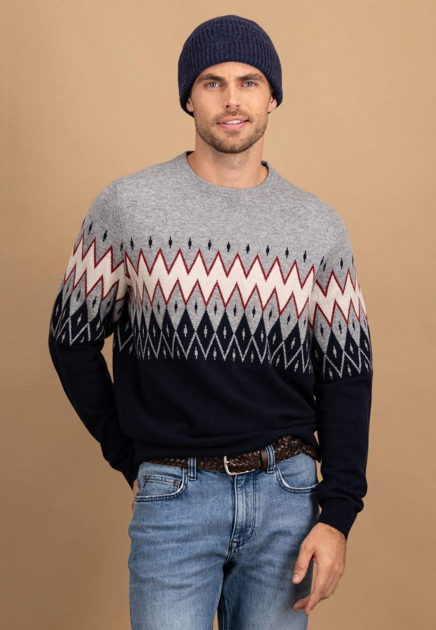 FYNCH-HATTON Kaschmirpullover mit grafischem Fair-Isle-Muster und Rundhalsausschnitt Gerippte Bündchen