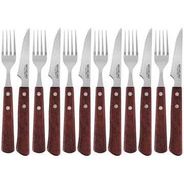 Michelino Steakbesteck Grillbesteck Set 12tlg. Holzgriff Steakmesser Steakgabel Besteckset, 6 Personen, Steak Besteck Essbesteck Fleischmesser Steakmesserset Wellenschliff