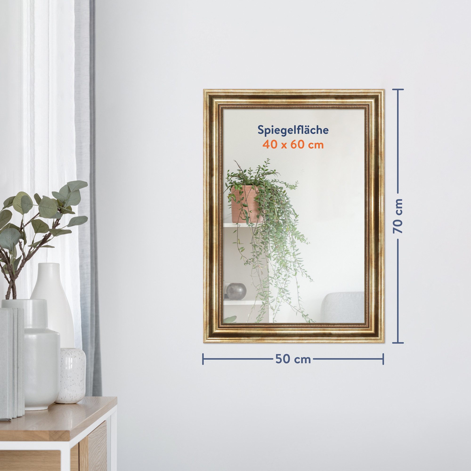 WANDStyle Wandspiegel H550, Vintage Spiegel Gold 50x70 cm, großer Wandspiegel Gold 50x70 Holz