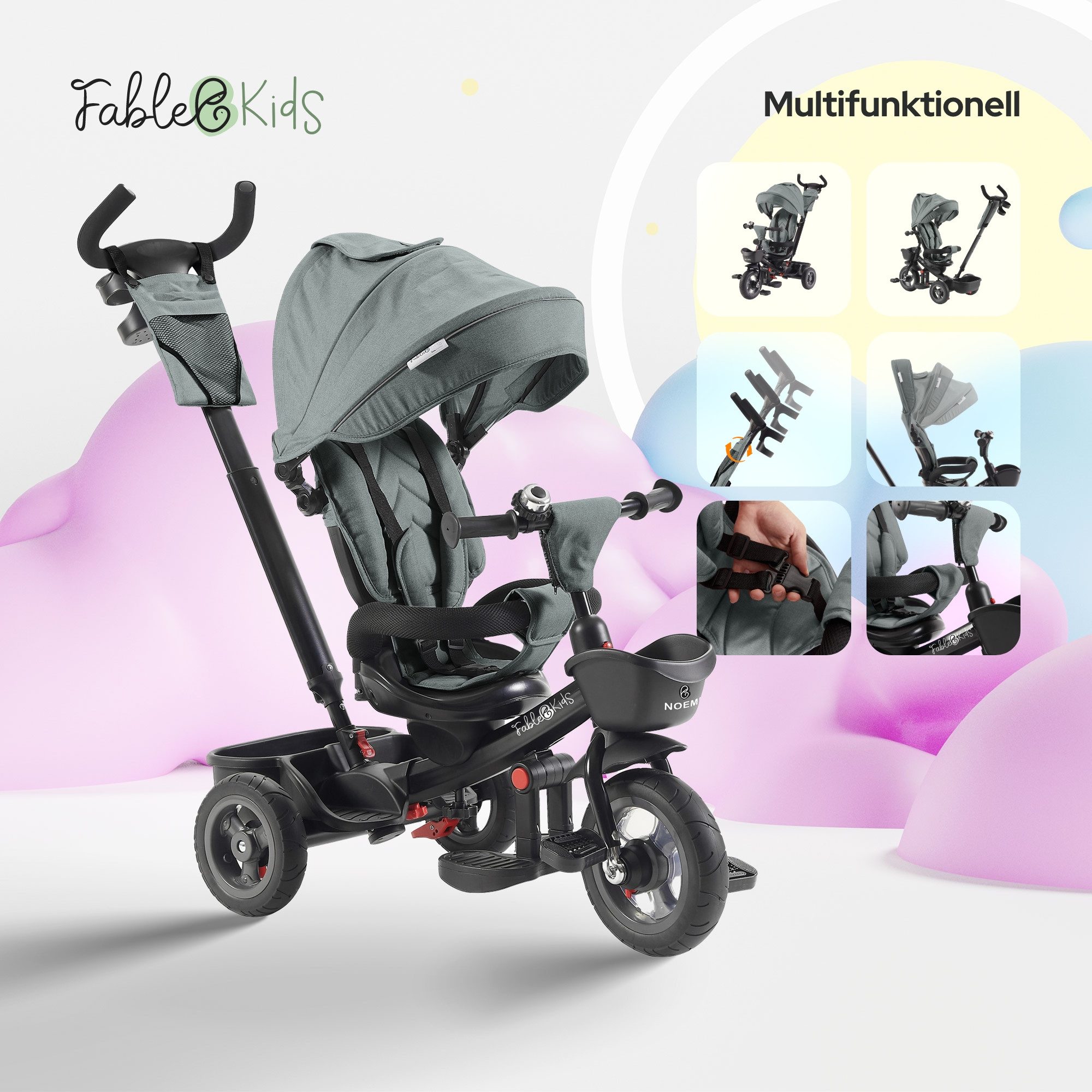 FableKids Dreirad 5in1 Kinderdreirad Kinder Fahrrad Baby Kinderwagen NOEMI, Höhenverstellbare und abnehmbare Schubstange