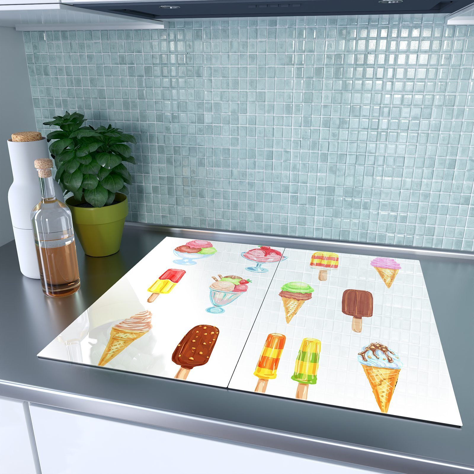 Primedeco Herd-Abdeckplatte Herdabdeckplatte Spritzschutz aus (2 Illustration Glas Eiscreme, tlg) Glas