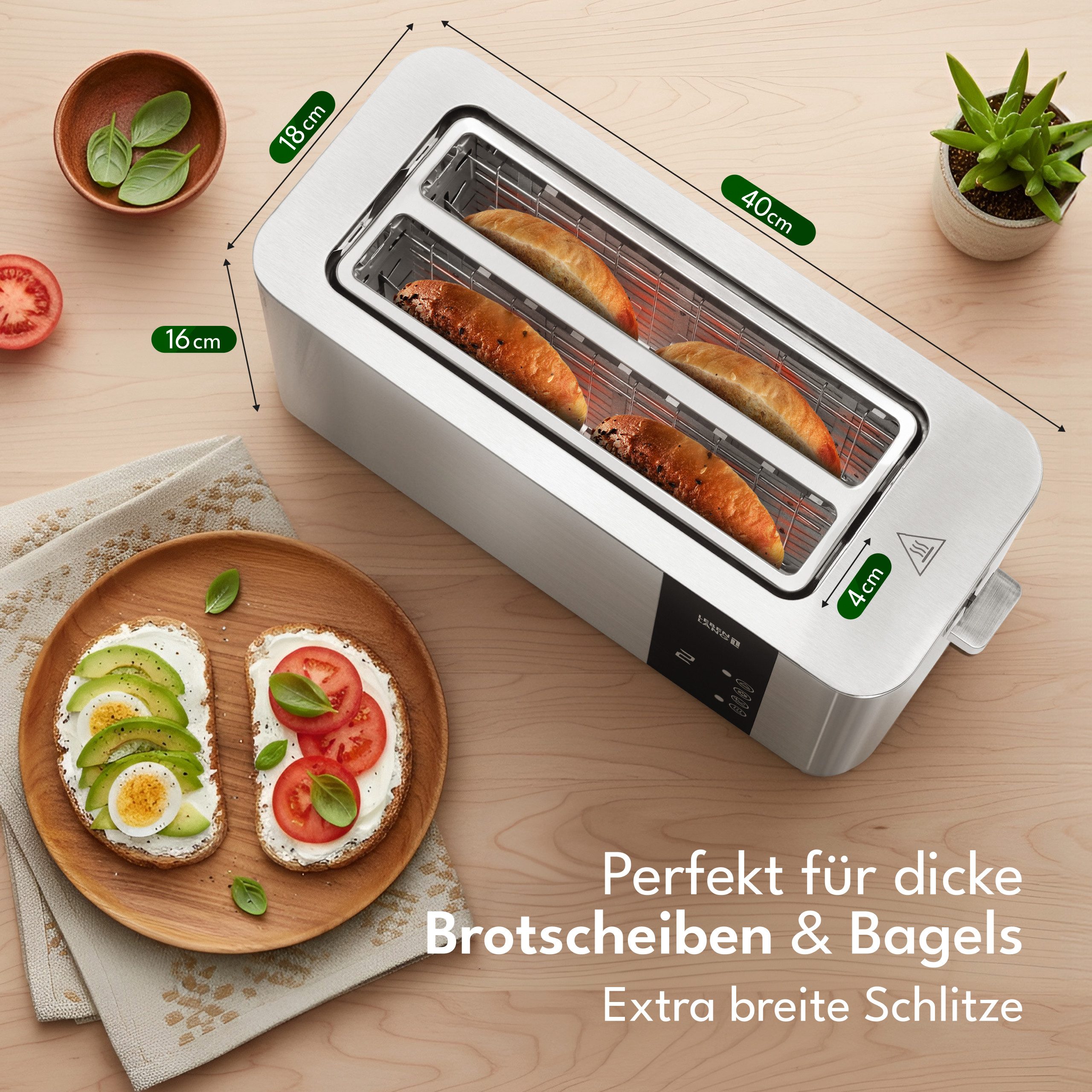 Lebenlang Toaster Premium 4-Scheiben Multifunktionstoaster aus Edelstahl, 4-Scheiben, 1400,00 W, mit Touchscreen-Display, 7 Bräunungsstufen und 4 Funktionen