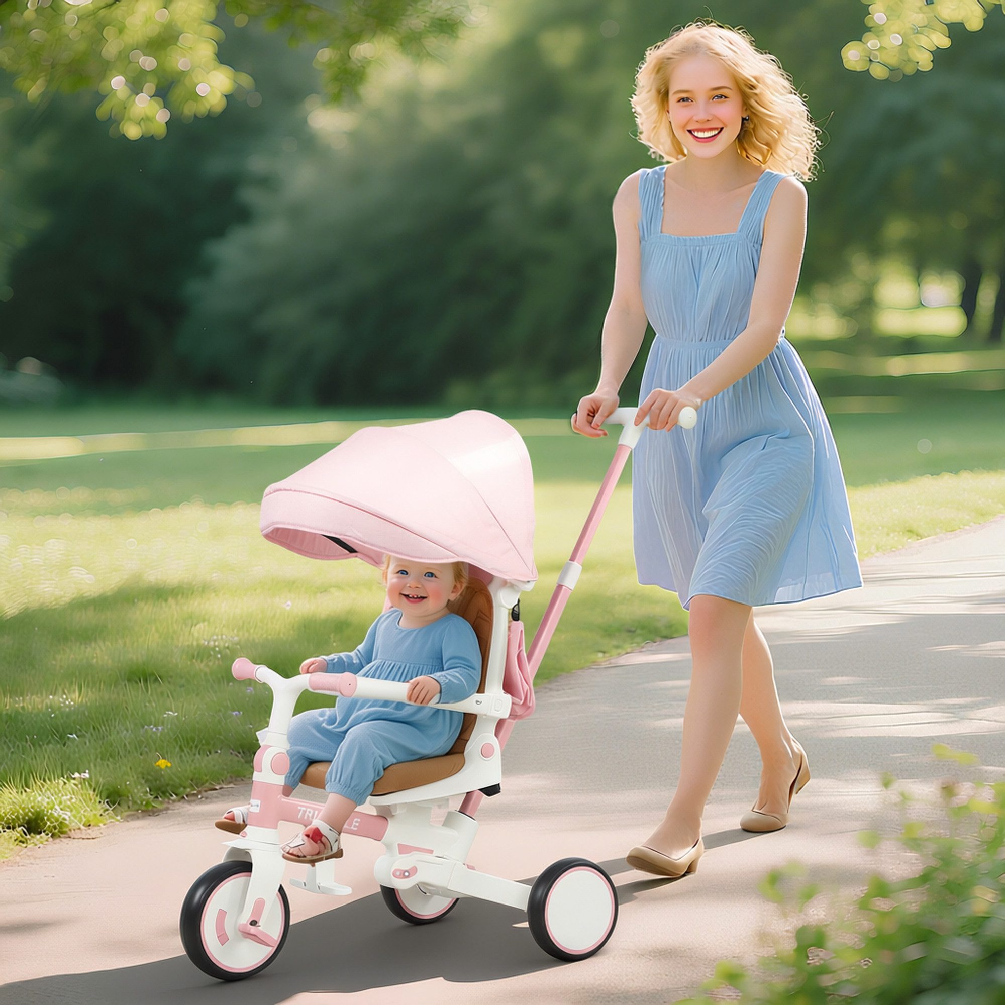 AIYAPLAY Dreirad 5-in-1 mit Schubstange Faltbar Kinderdreirad mit reversiblem Sitz, für 1-3 Jahre Rosa