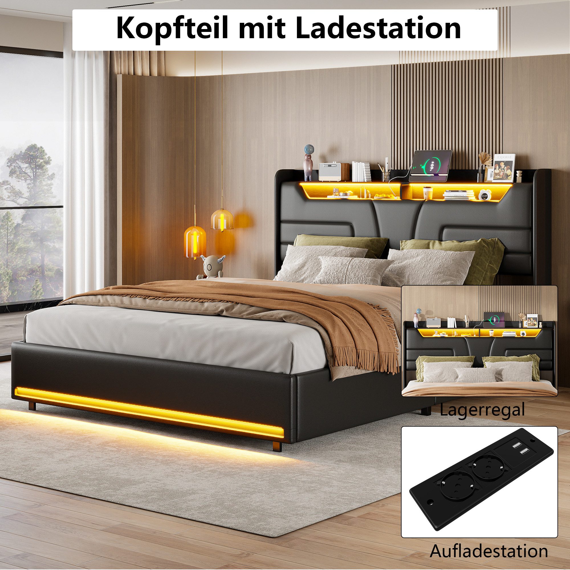 ADWOLT Polsterbett Hydraulisches LED Doppelbett (Set, 1-tlg), 140x200cm Stauraumbett, Ladestation,Kunstleder,Schwarz – Bild 2 von 5