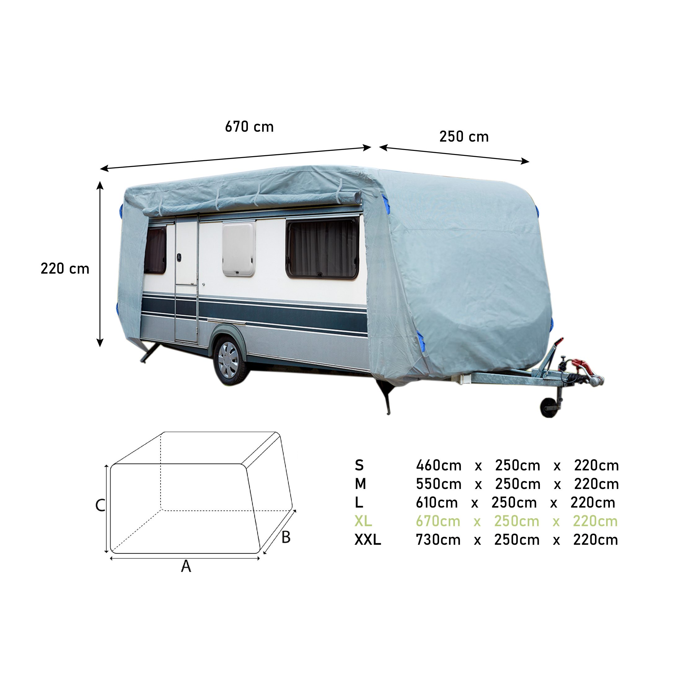 Green Yard Wohnwagenschutzhülle Wohnwagenschutzhülle Wohnwagen Abdeckplane CaravanCover XL670x250x220 (1 Stück, Inkl. Tragetasche), UV-beständig, schimmelresistent und reißfest