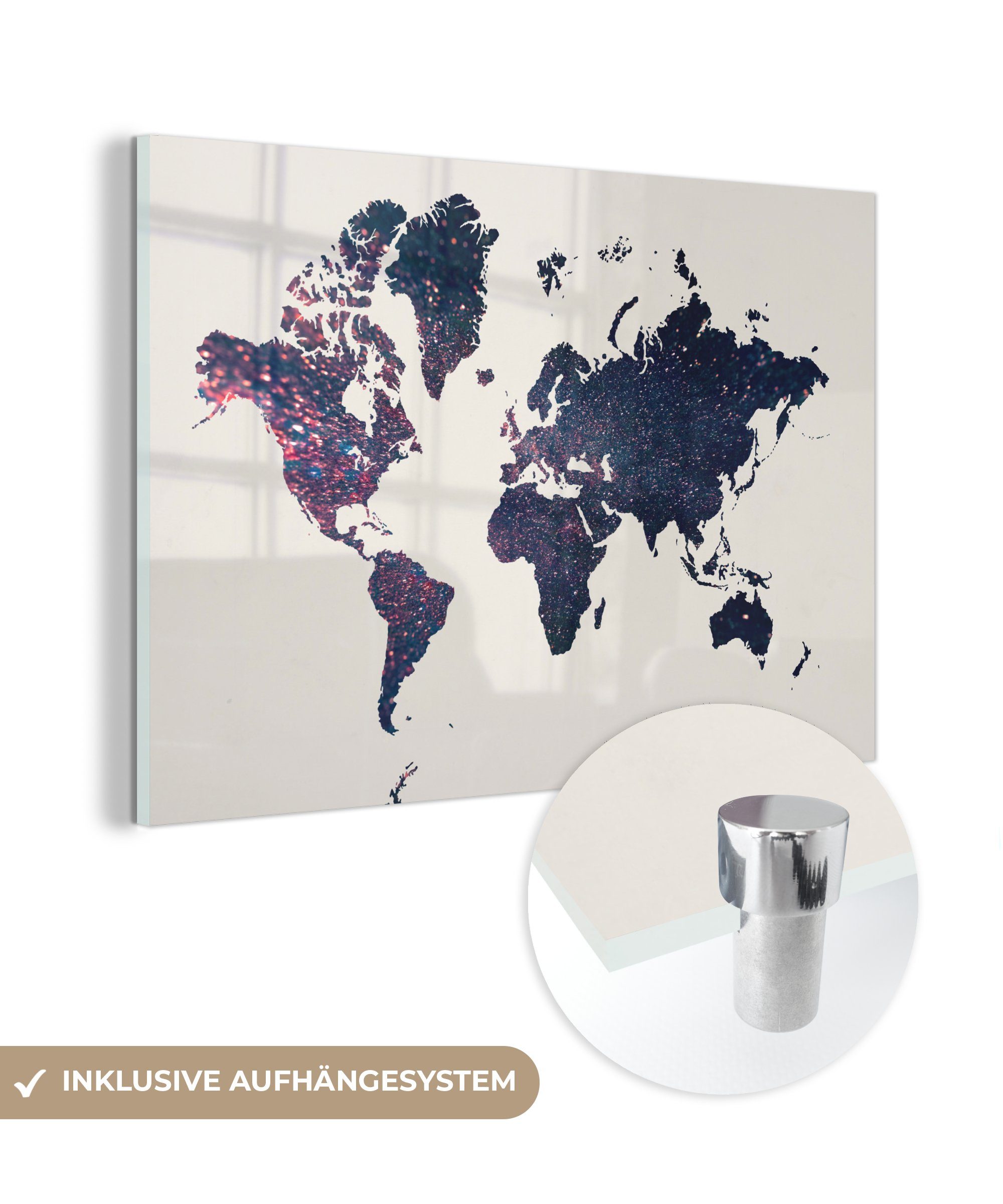 MuchoWow Acrylglasbild St), Bilder - - Wandbild auf Glasbilder Glas Glas Wanddekoration Glitter, - - (1 auf - Blau Weltkarte Foto