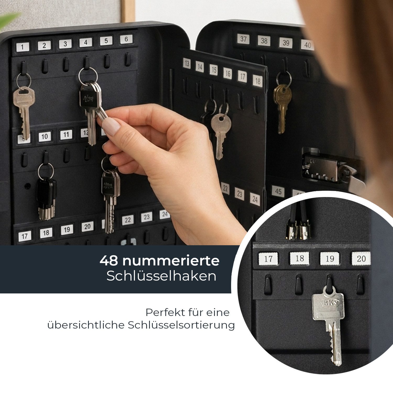 HMF Schlüsselkasten Schlüsselkasten mit 3er Zahlencode, 8 feste, nummerierte Hakenleisten, Schlüsselkasten 25 x 18 x 7 cm, Schwarz