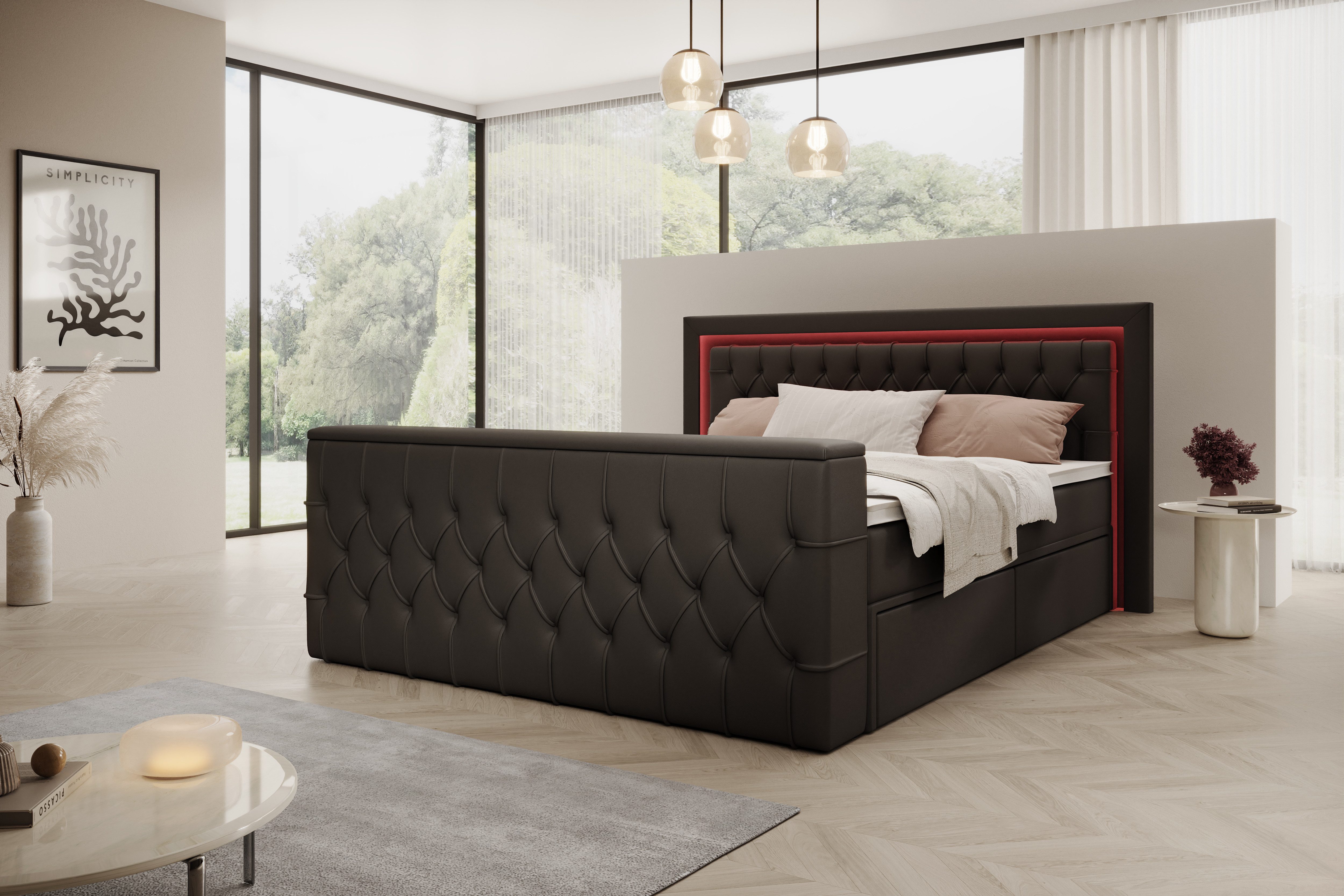 PROMETO Möbel Boxspringbett Doppelbett 180x200 mit Matratze, Schubladen TV-Lift LED Beleuchtung, inkl. 7-Zonen-Taschenfederkernmatratze, TV-Lift im Fußteil, Topper