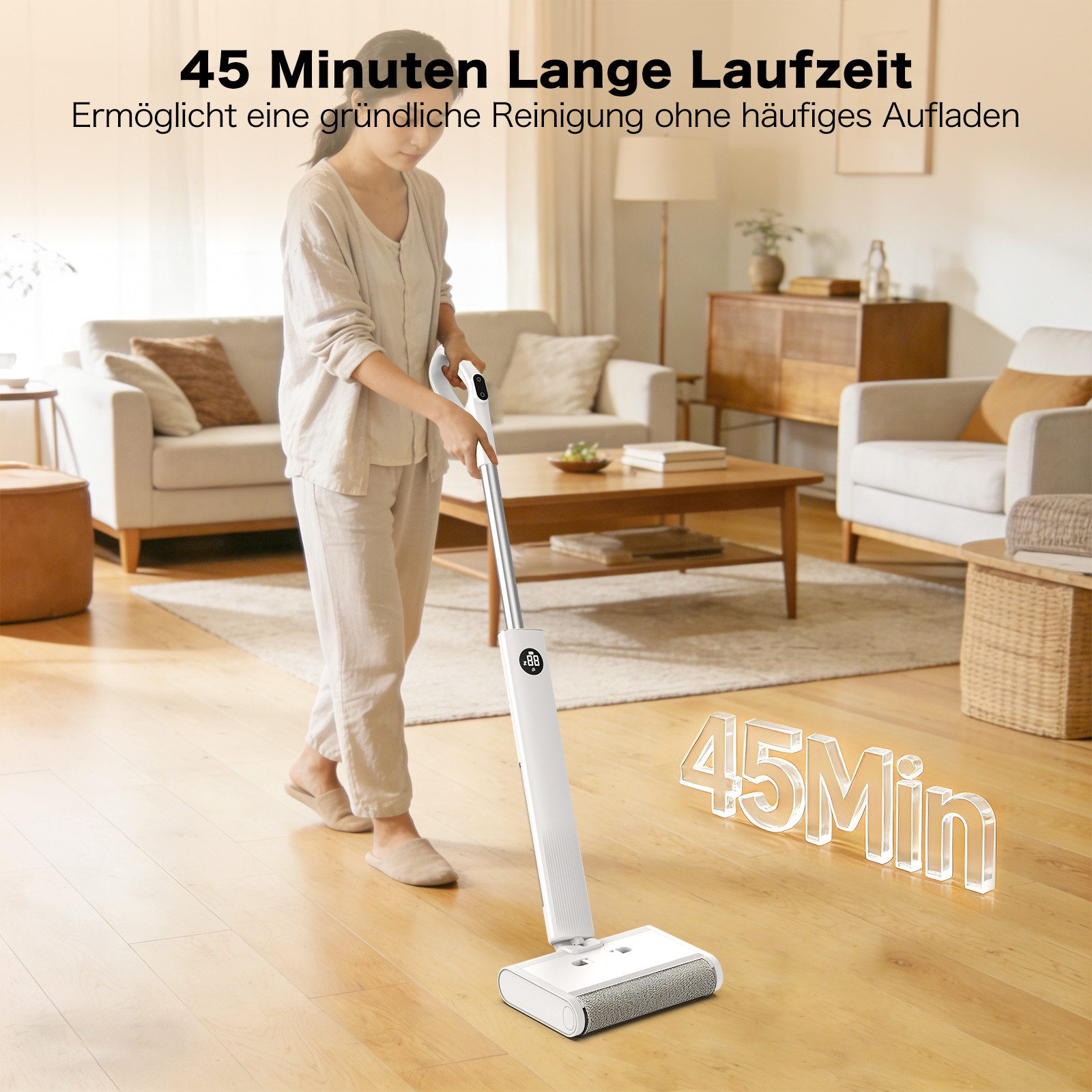 AIRROBO Akku-Wischmopp Akku-Wischmopp FC10 Nass-Trocken-Bodenschrubber 2,3 kg leicht & leise, 220 W, 45 Minuten Laufzeit, 165° flach klappbar,Selbstreinigung, Doppeltanksystem, LED & Sprachansage,Tierhaarfilter,2 Jahr Garantie