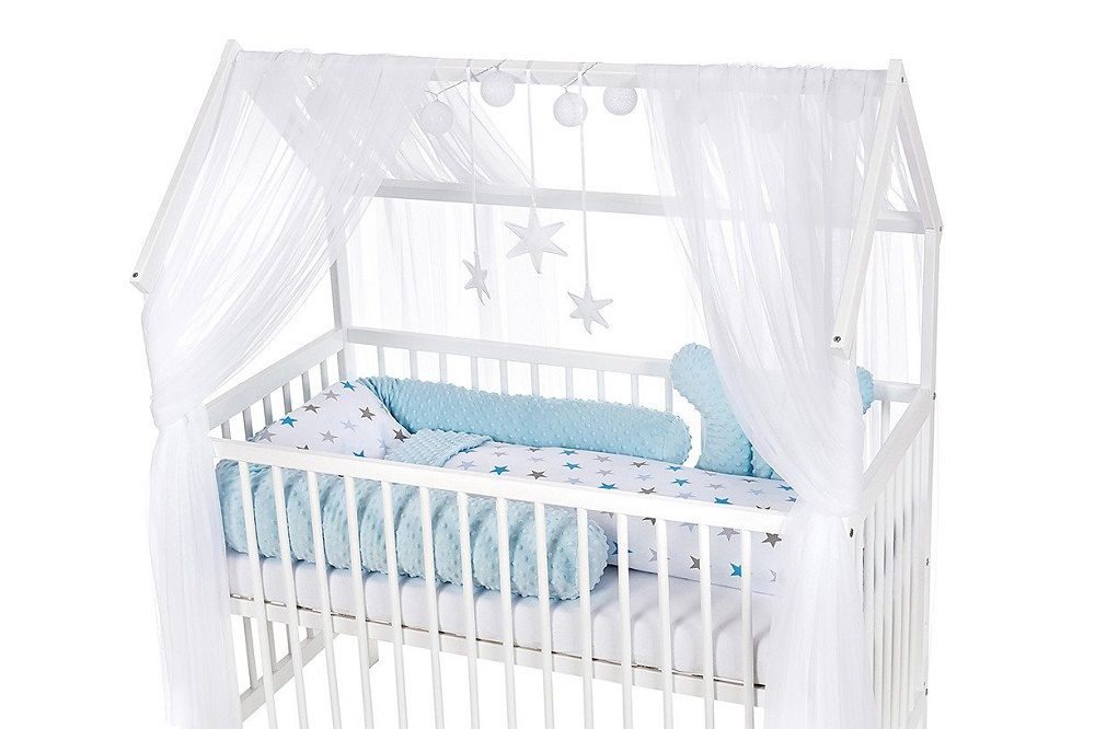 Babyhafen Babybett Hausbett Kinderbett 120x60 Matratze Minky Bettset Sterne Rosa Blau, Komplettbettset