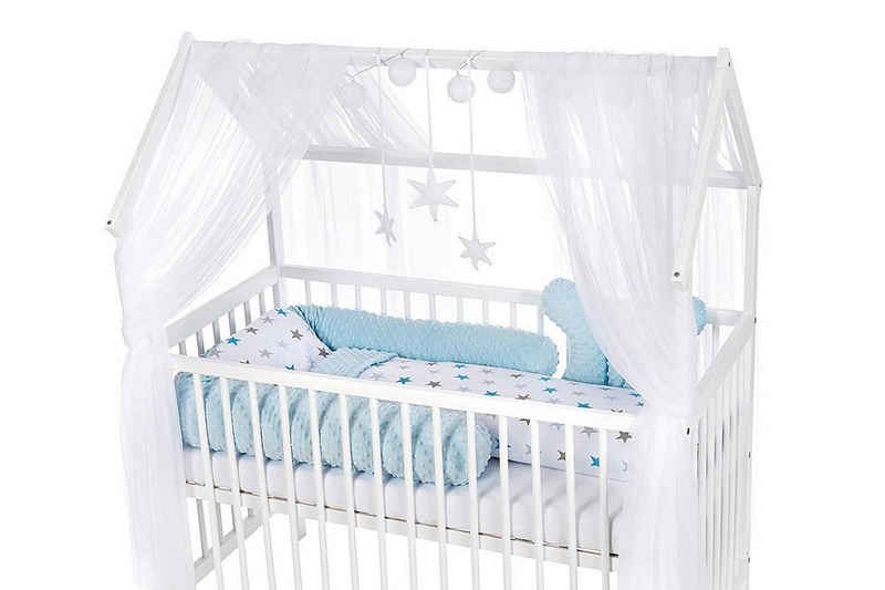 Babyhafen Babybett Hausbett Kinderbett 120x60 Matratze Minky Bettset Sterne Rosa Blau, Komplettbettset