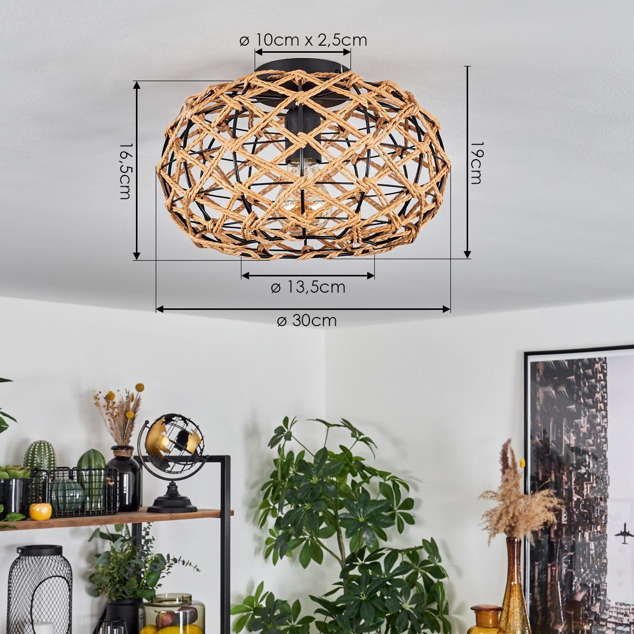 hofstein Deckenleuchte moderne Deckenlampe aus Holz/Rattan/Metall in Natur/Schwarz, ohne Leuchtmittel, Deckenleuchte Lichteffekt, Ø30cm, 1x E27, ohne Leuchtmitt – Bild 4 von 5