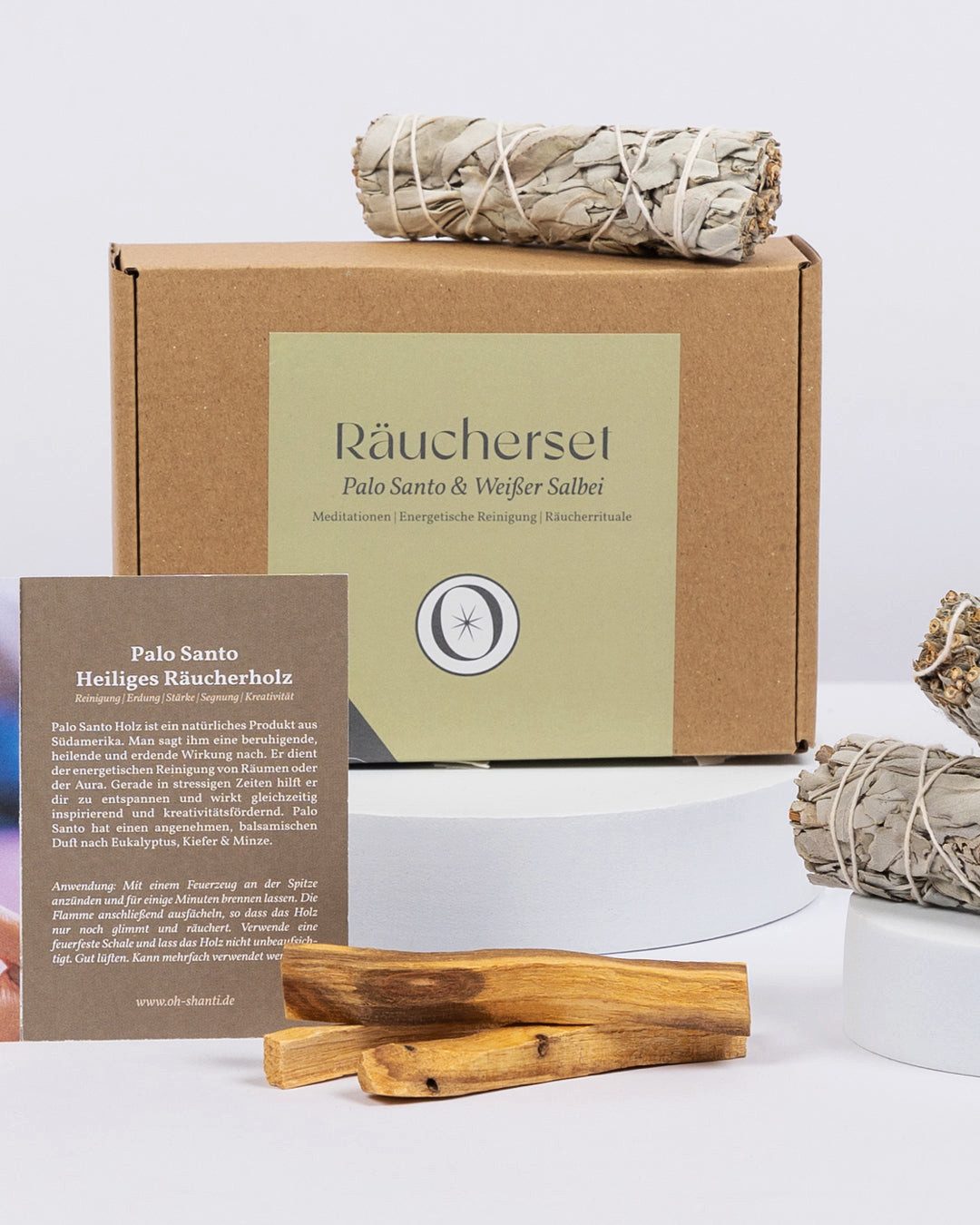 Oh Shanti Räucherstäbchen Räucher Set Palo Santo & Weißer SalbeI (Räucherset, Set mit 3 Palo Santo Sticks und 3 Weißer Salbei Räucherbündel), Beruhigende und heilende Wirkung