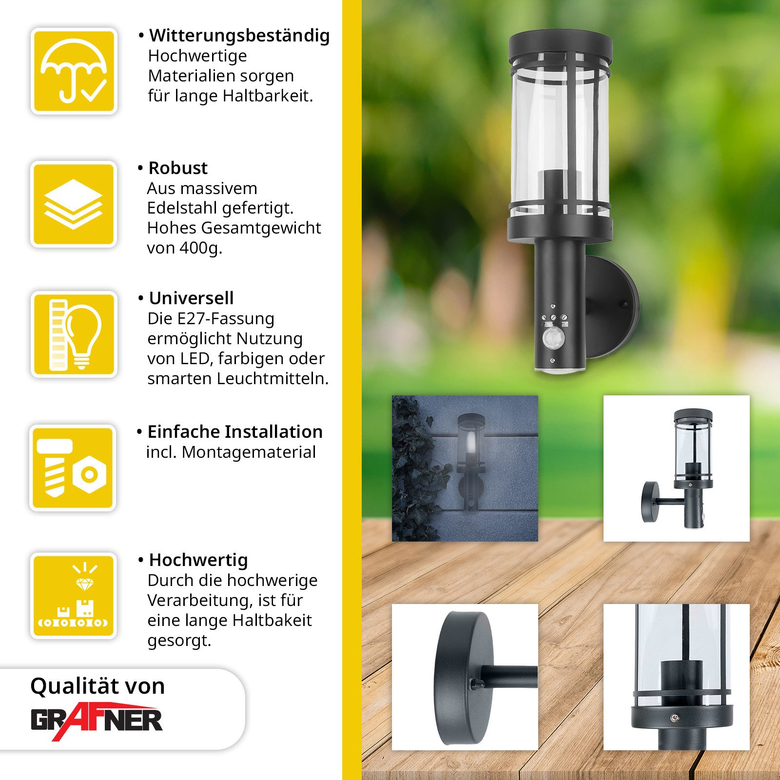 Grafner Wandleuchte Wandlampe Edelstahl mit Bewegungsmelder Anthrazit WL110 günstig online kaufen