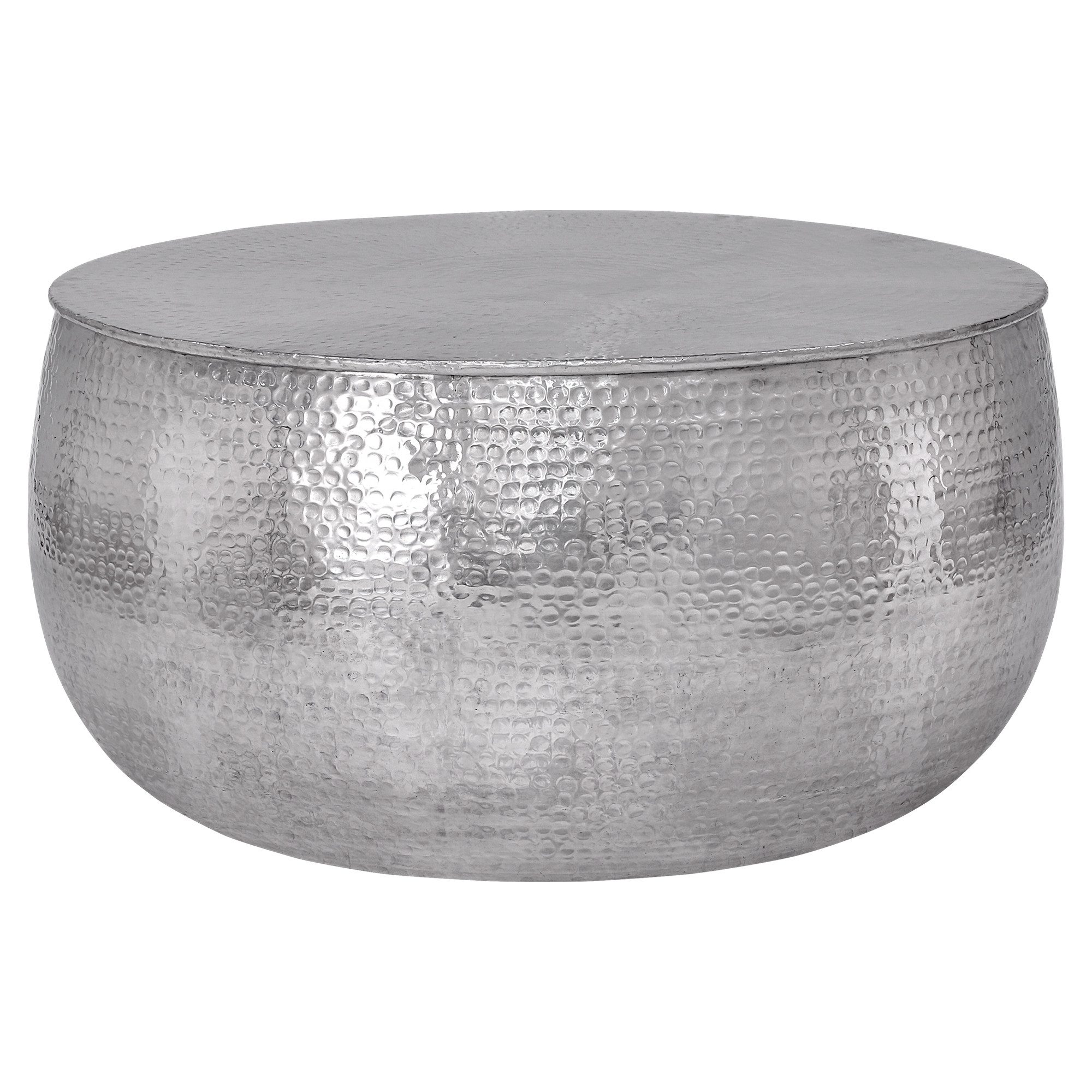 WOMO-DESIGN Couchtisch Wohnzimmertisch Ø90x45 cm in Hammerschlag Optik Sofatisch Metall Tisch, Silber Beistelltisch aus Aluminium Unikat Handarbeit Orientalisch Rund