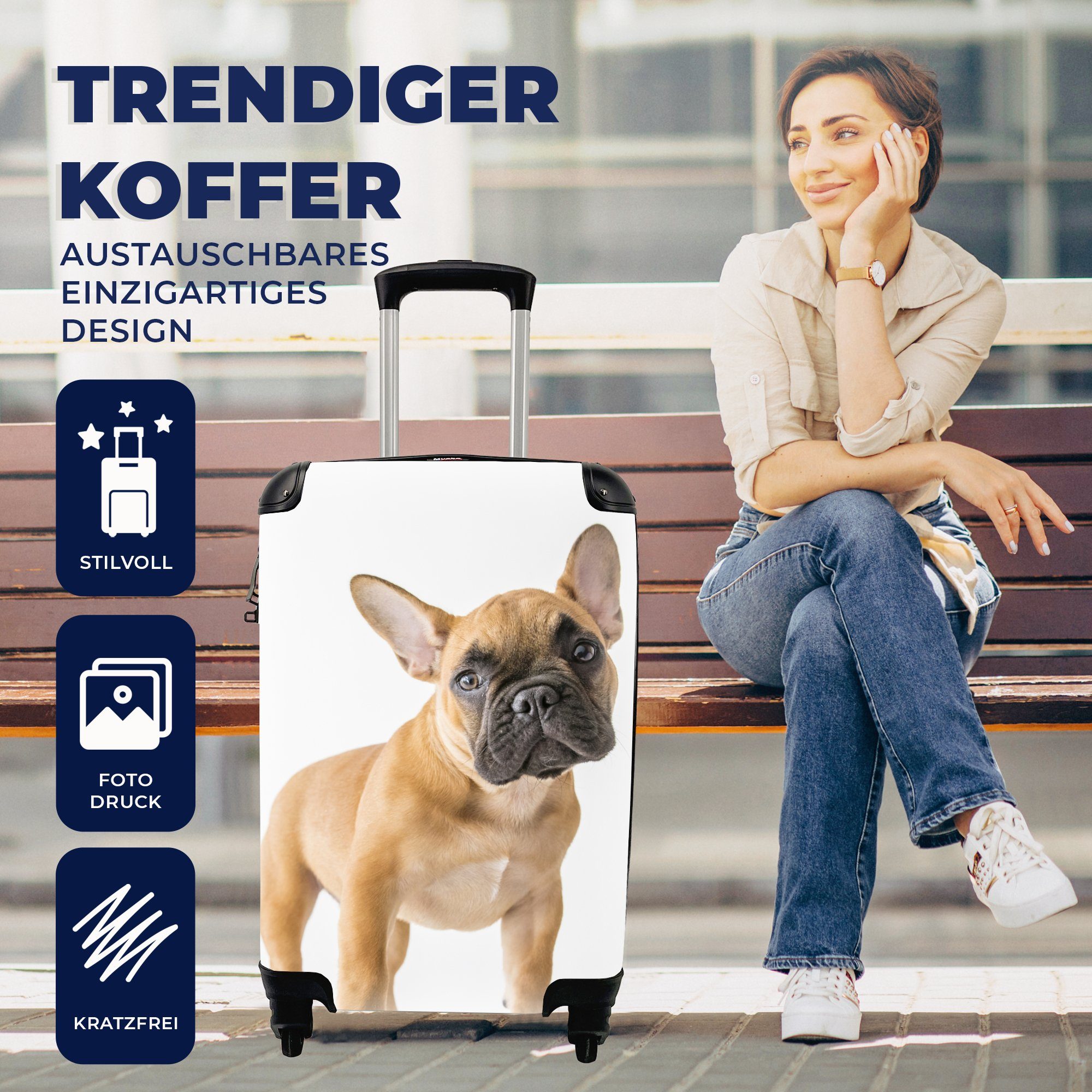 Handgepäck 4 Reisekoffer - Bulldogge Rollen, Ferien, rollen, Weiß, für MuchoWow Trolley, Französische Handgepäckkoffer - Braun Reisetasche mit