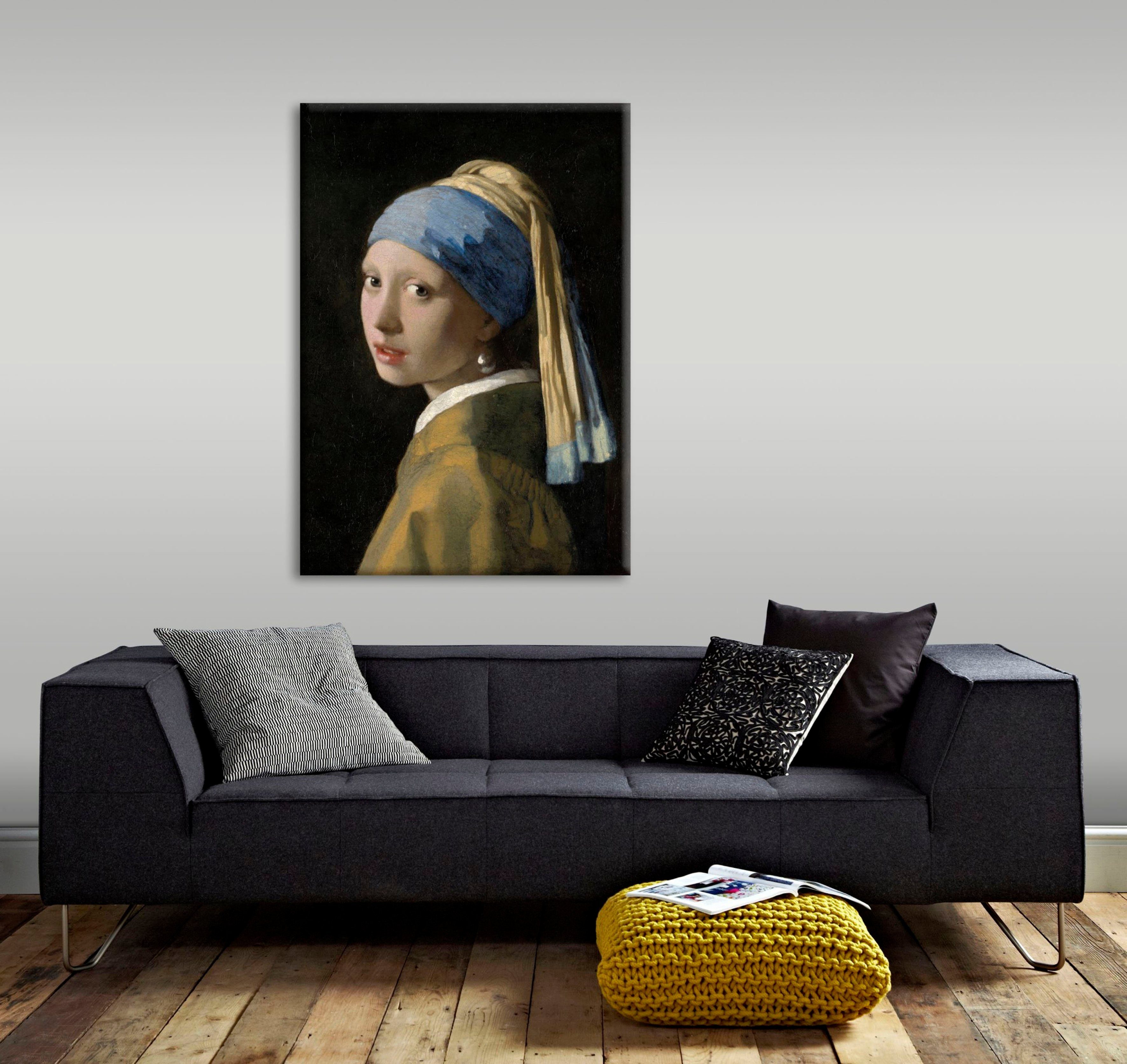 Art for the home Leinwandbild Meisje met de pare, Jan Vermeer, Art, Portrait, Handgemalte Leinwand mit Goldmetallic - Lush leaves neutral - 100x70cm