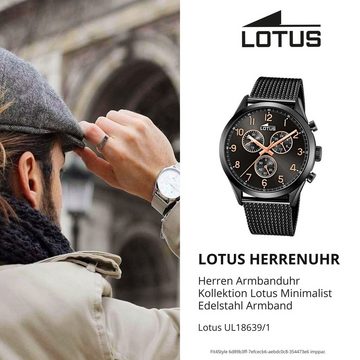 Lotus Quarzuhr LOTUS Herren Uhr Sport 18639/1 Edelstahl, Herren Armbanduhr rund, groß (ca. 43mm), Edelstahlarmband schwarz