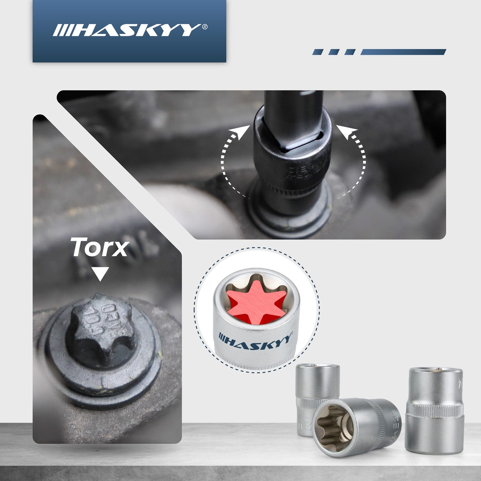 HASKYY Torxschlüssel 12 tlg. Aussen Torx Steckschlüssel Satz 1/4" & 3/8" Torxschlüssel