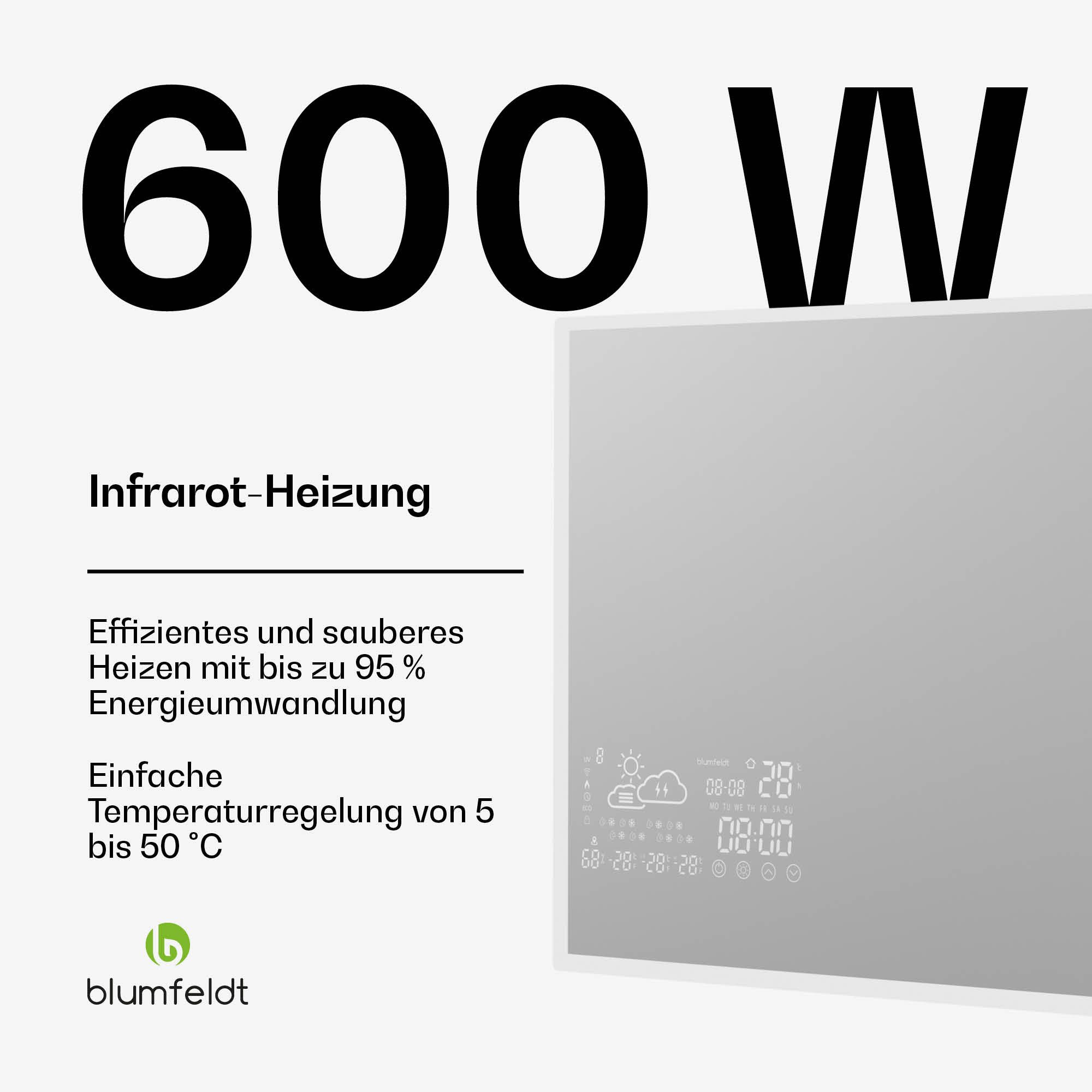 blumfeldt Infrarotheizung ReflectiHeat, elektrische Heizkörper Mirror Timer App LED 600 W