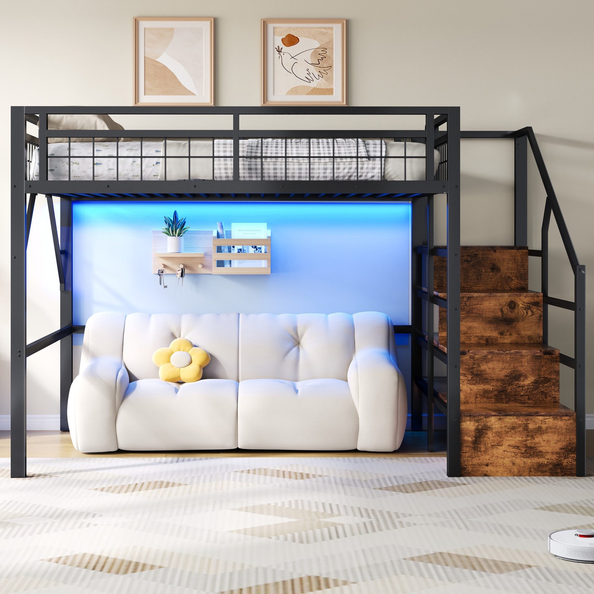 Odikalo Hochbett 90x200 140x200 Kinderbett Jugendbett, LED Schreibtisch Stauraumtreppe (Eisenrahmen, Lagerregal, Hängendes Gitter, LED-Lichtleiste, Schreibtisch, Treppenkonstruktionen mit Stauraum,mit 2 USB-Anschlüssen und 1 Typ-C-Buchse, Ohne Matratze)