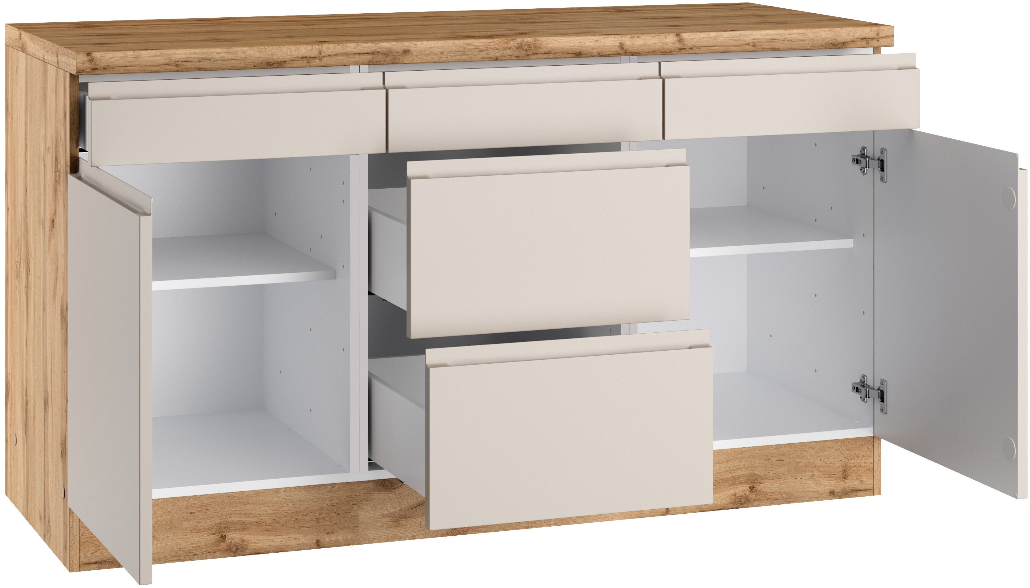 KOCHSTATION Unterschrank KS-Virginia,neu in verbesserter Ausführung Breite 150 cm, 2 Türen, 3 Schubkästen, 2 Auszüge