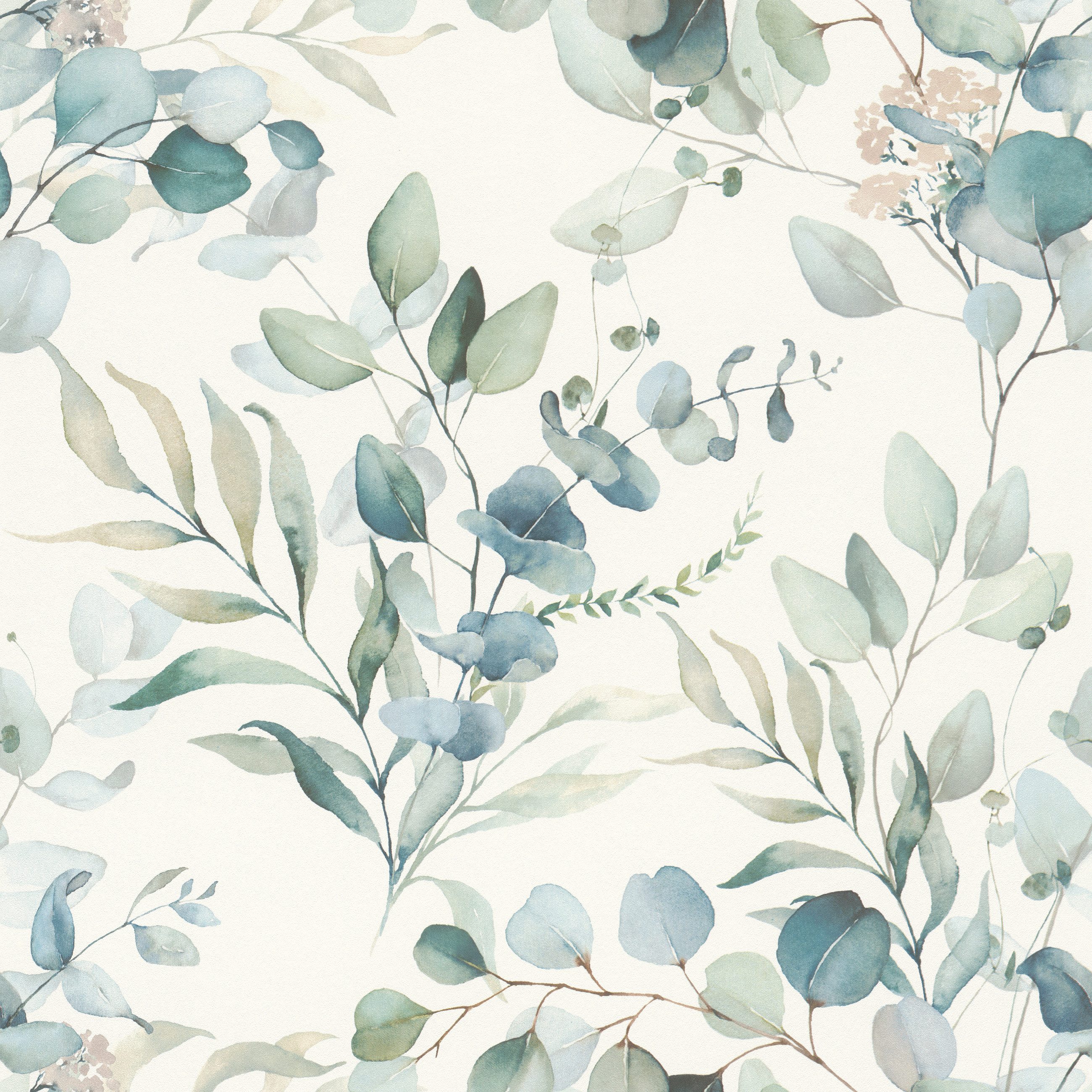 Rasch Vliestapete Eukalyptus-Motiv Creme Grün, Naturoptik, (1 Rolle, 1 St., Kollektion 'Kids World II' - 10,05 m x 0,53 m), gute Lichtbeständigkeit, feucht abwischbar, restlos abziehbar