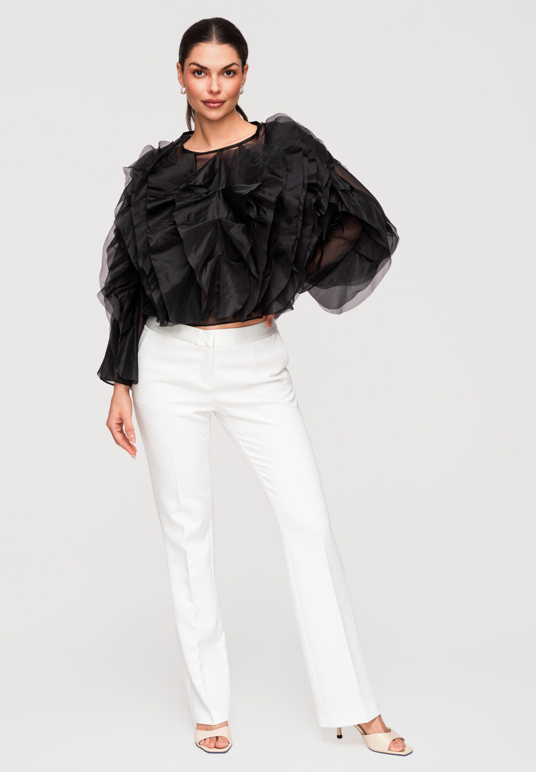 OMBRE Langarmbluse Damen Chiffon Bluse mit Volantärmeln Elegant Schwarz M/L (kein Set, 1-tlg) Mehrlagige Rüschen