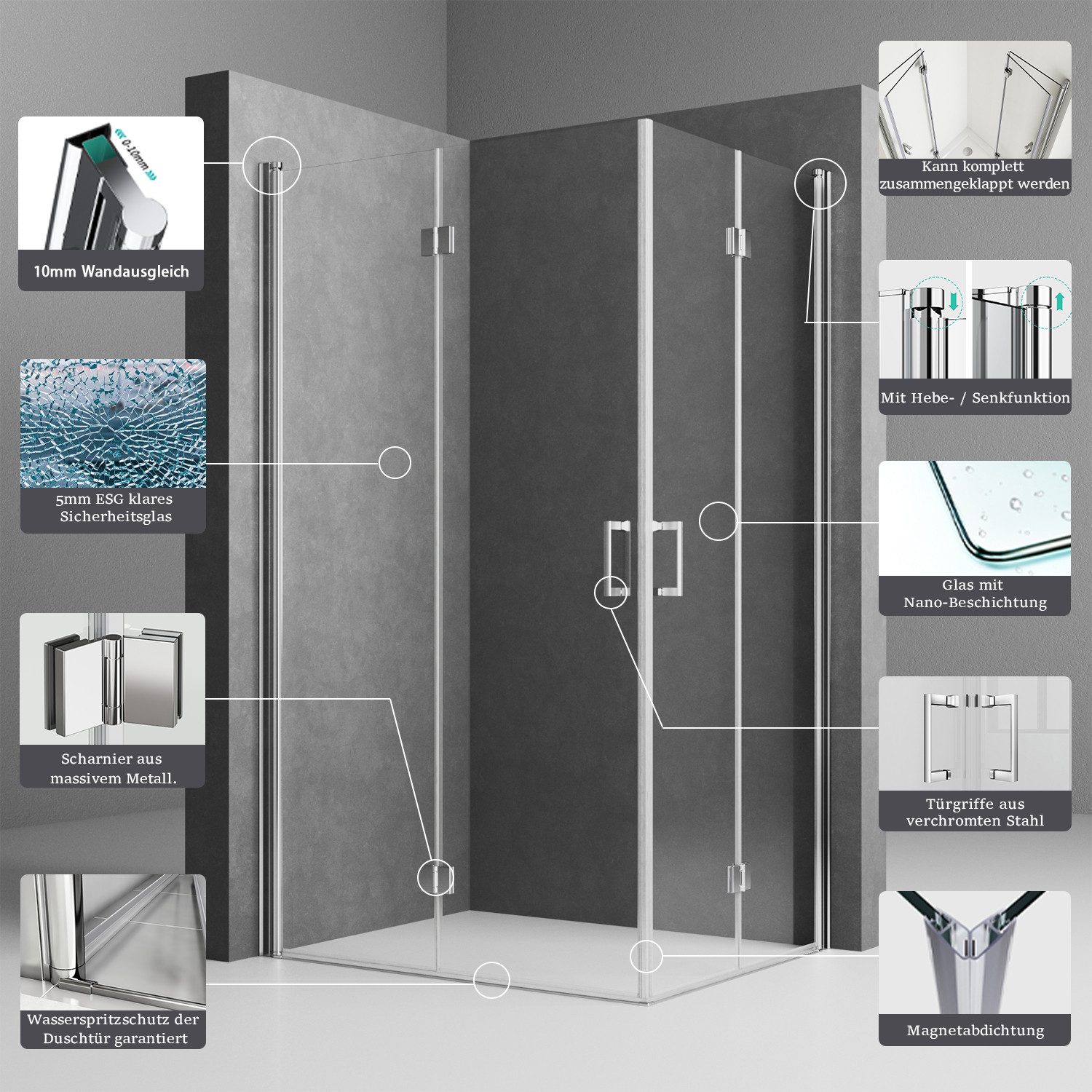GOEZES Eckdusche Falttür 90x75 100x80 100x100 H:195cm Duschkabine Eckeinstieg Faltbar, BxT: 80x80 cm, NANO Sicherheitsglas, Duschtür aus glas, 180º Falt Drehtür – Bild 3 von 5
