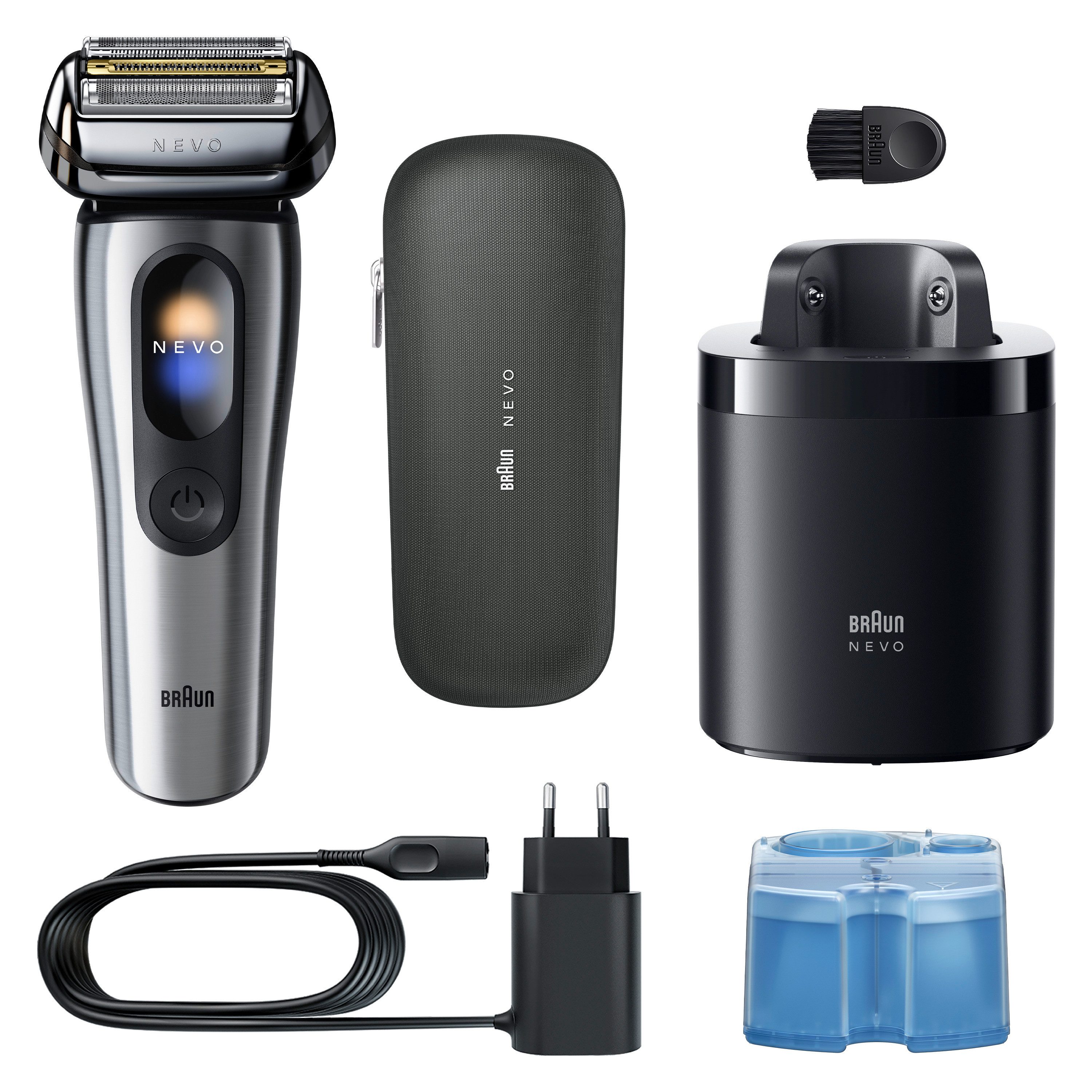 Braun Elektrorasierer NEVO 11000cc, SmartClean-Plus-Reinigungsstation, integrierter Präzisionstrimmer, AeroTouch, Smart Display, 7-in-1 Care System, Reiseetui, Silber