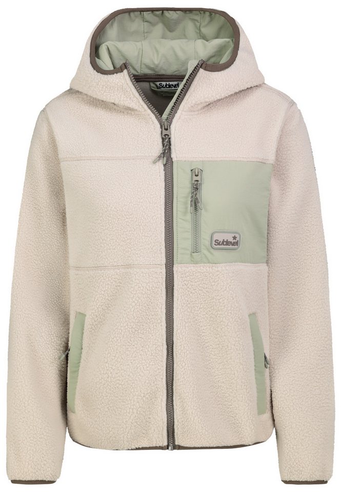 SUBLEVEL Fleecejacke Damen Teddyfleecejacke mit Kapuze Kontrast-Piping, Brusttasche, Reißverschlusstaschen