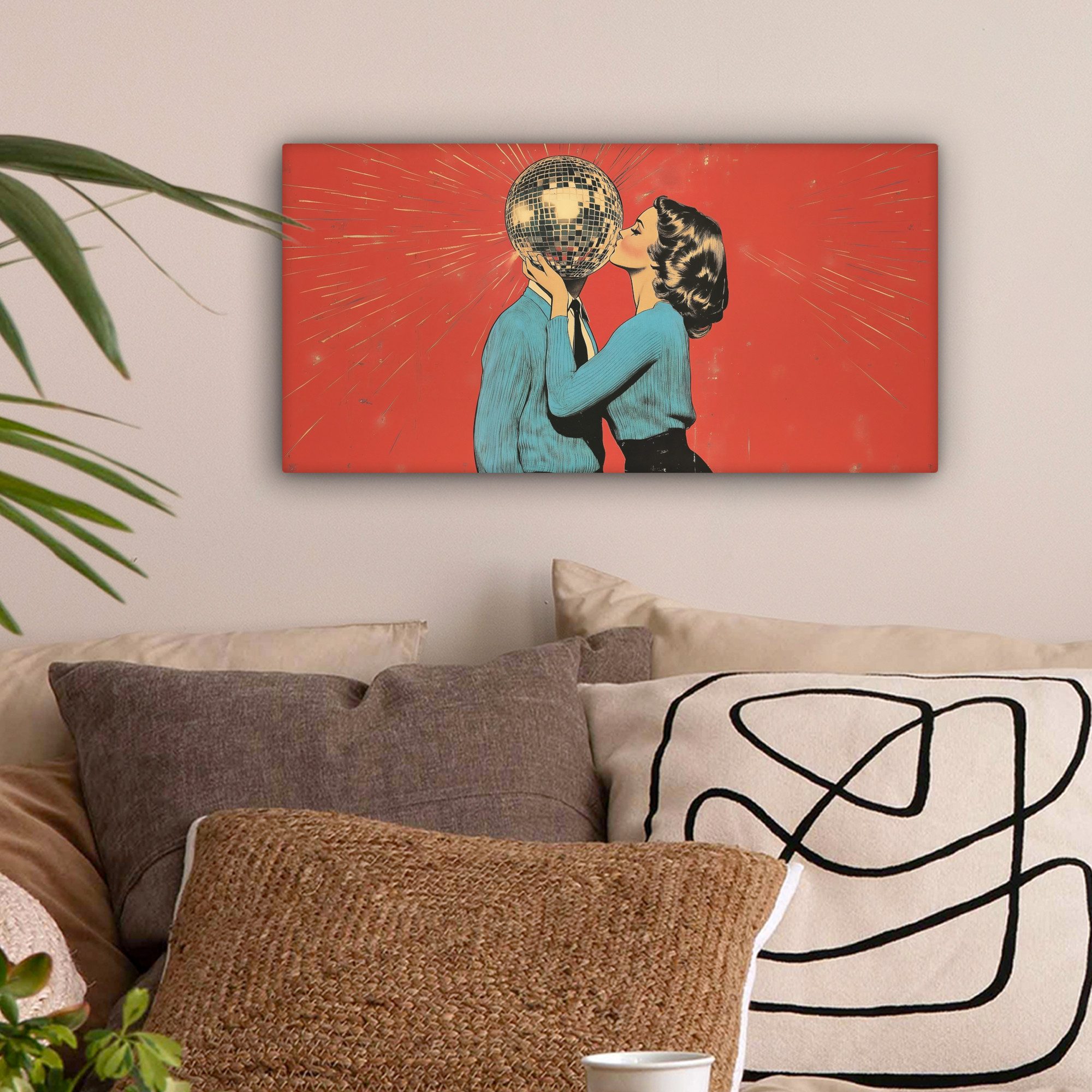 OneMillionCanvasses® Leinwandbild Panorama Frau - Retro - Discokugel - Kuss, Fotodruck (1 St), Wandbild, Deko Schlafzimmer Wohnzimmer Flur 40x20 cm