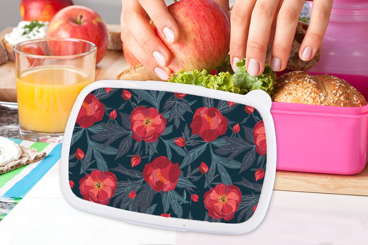 Blätter Kunststoff Erwachsene, Mädchen, Brotdose Snackbox, rosa - Rot Lunchbox MuchoWow Kinder, Kunststoff, - Muster, Brotbox (2-tlg), - für Blumen