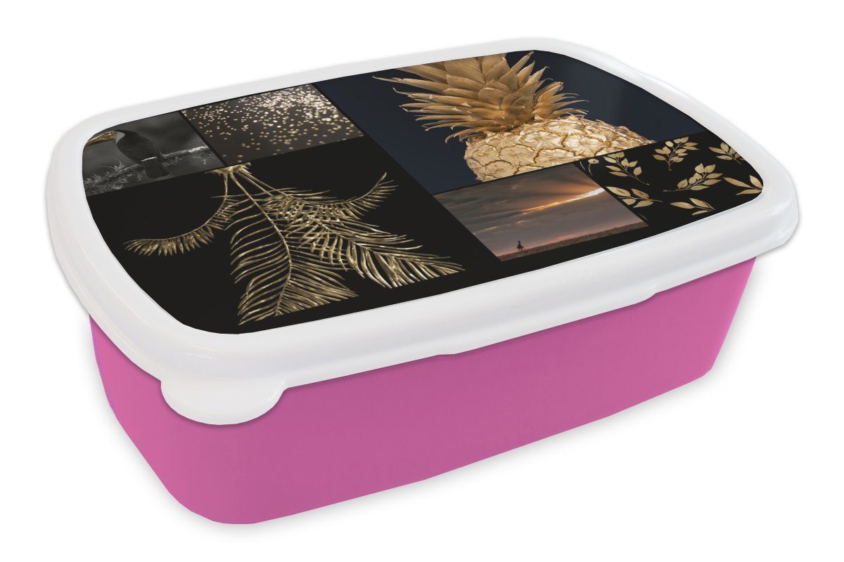 MuchoWow Lunchbox Collage - Gold - Früchte - Glitter, Kunststoff, (2-tlg), Brotbox für Erwachsene, Brotdose Kinder, Snackbox, Mädchen, Kunststoff rosa