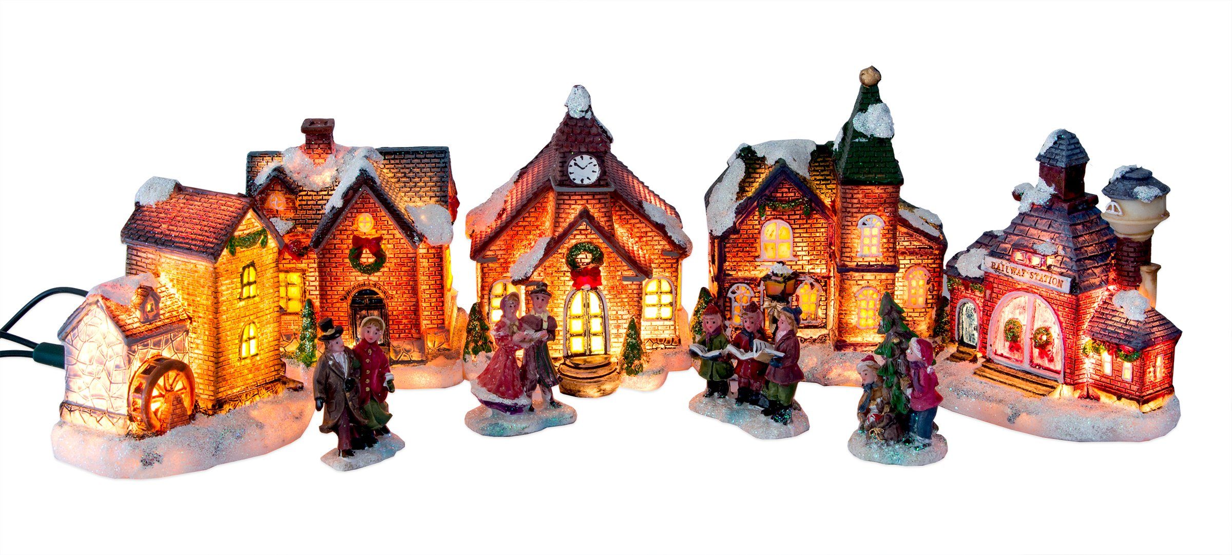 Koopman Weihnachtsstadt Weihnachtsdorf mit Beleuchtung 9-teilig 5 Häuser & 4 Figurenpaare