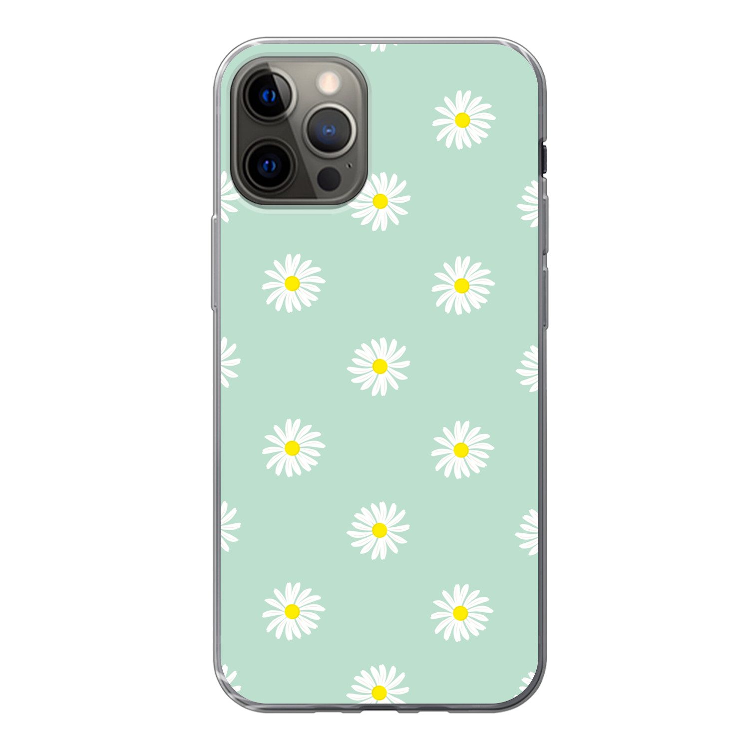 MuchoWow Handyhülle für Apple iPhone 12 Pro Gänseblümchen - Pastell - Weiß - Grün - Floral, Smartphone-Bumper, Print, Handy Schutzhülle Dünn
