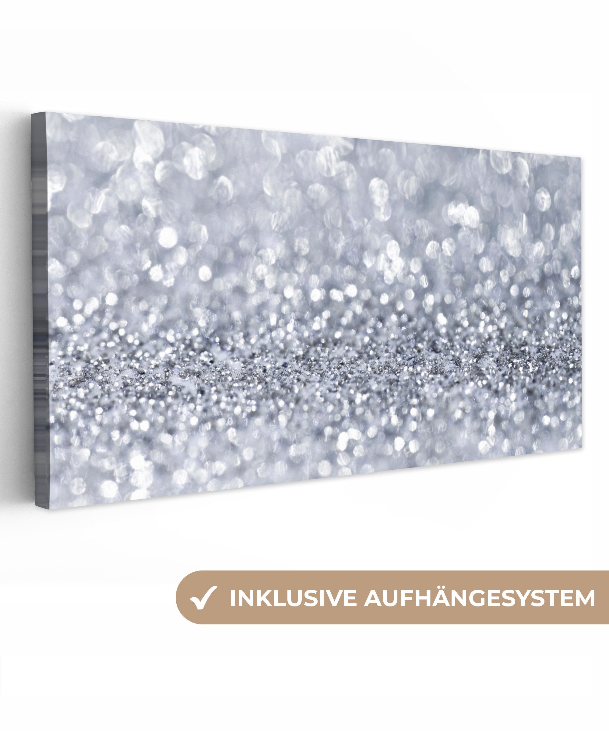 OneMillionCanvasses® Leinwandbild Panorama Silber glitzert, Fotodruck (1 St), Wandbild, Deko Schlafzimmer Wohnzimmer Flur 40x20 cm