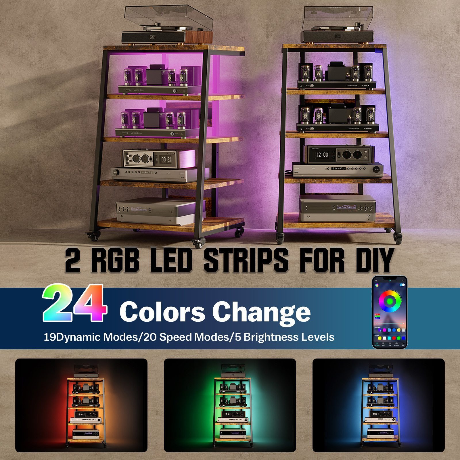 XERSEK TV-Regal HiFi Rack TV Rack mit Rädern und 2 RGB LED Lichter, 5 Etagen Plattenspielerständer aus Holz und Metall, mit Steckdosenleisten Verstellbaren Ablage, 60 x 52 x110 cm