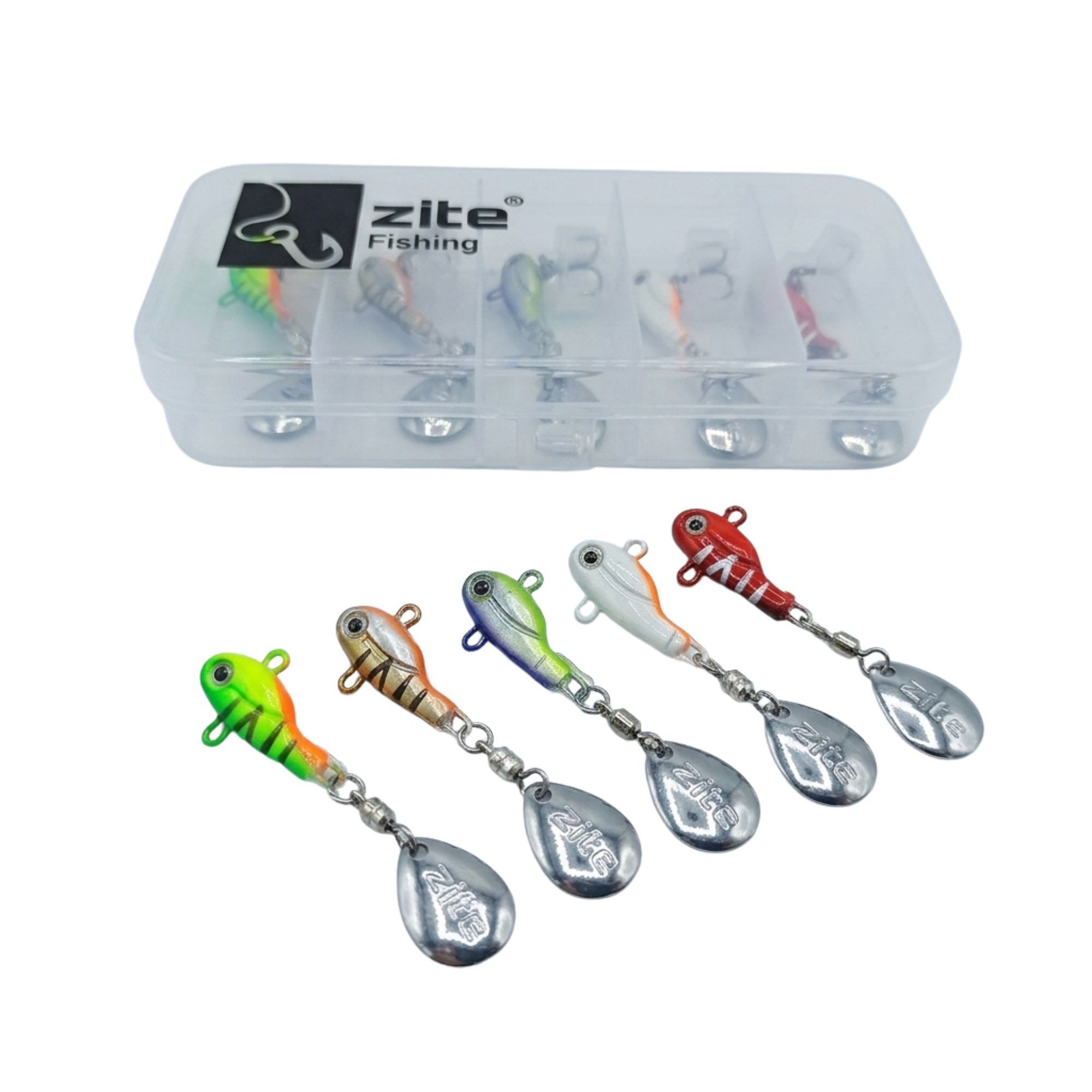 Zite Kunstköder Jigspinner Set Neon S-L 5-20g 5 Farben Box Barsch Forelle Hecht Zander