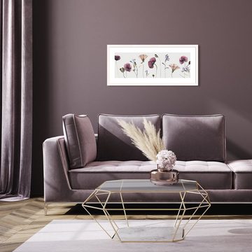 artissimo Bild mit Rahmen Bild gerahmt 71x30cm Design-Poster mit Rahmen länglich Mohn weiß lila, Gräser: Pampas-Gras
