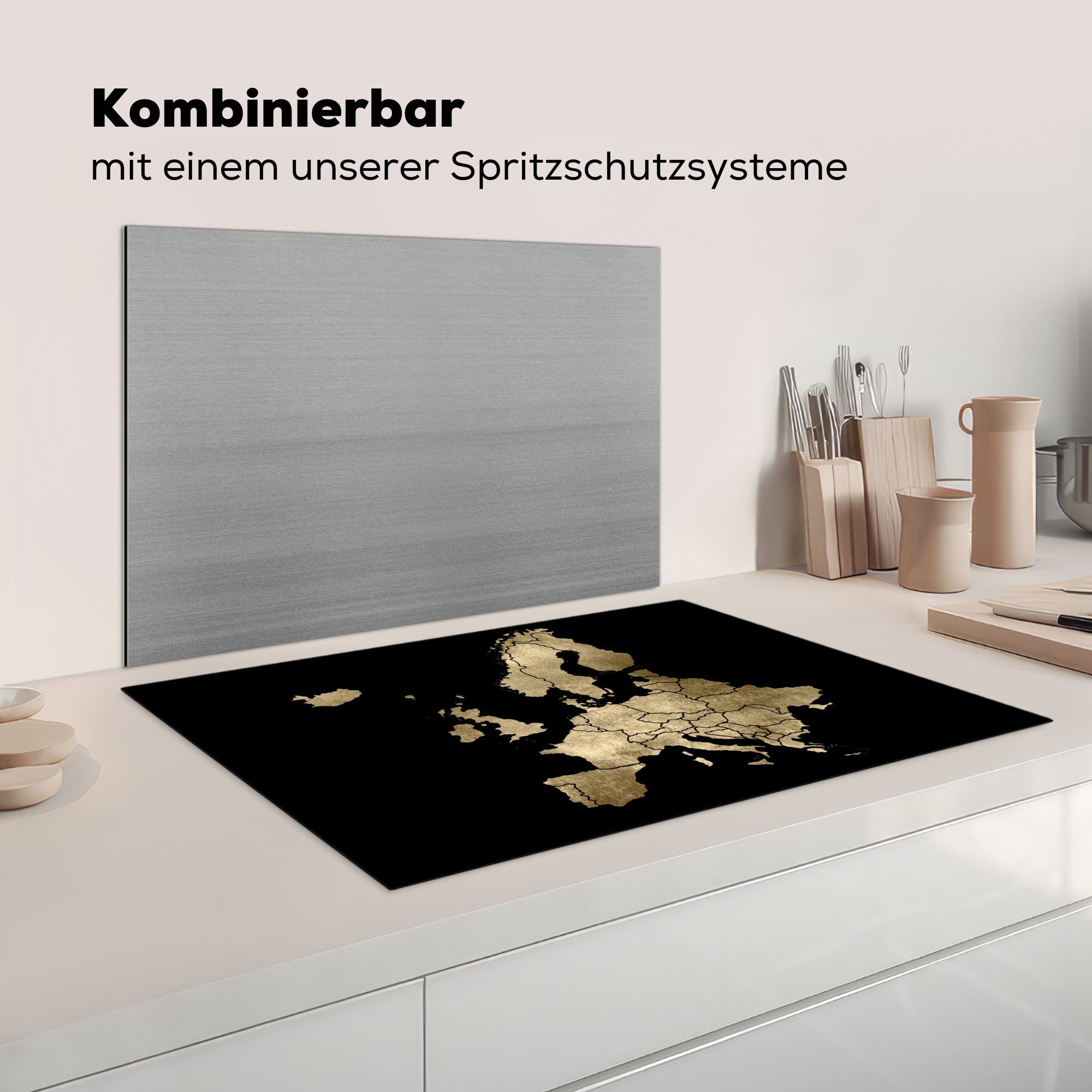 Karte - küche, - Induktionskochfeld cm, Europa Gold, Schutz 81x52 MuchoWow Herdblende-/Abdeckplatte für Vinyl, (1 die Ceranfeldabdeckung tlg),