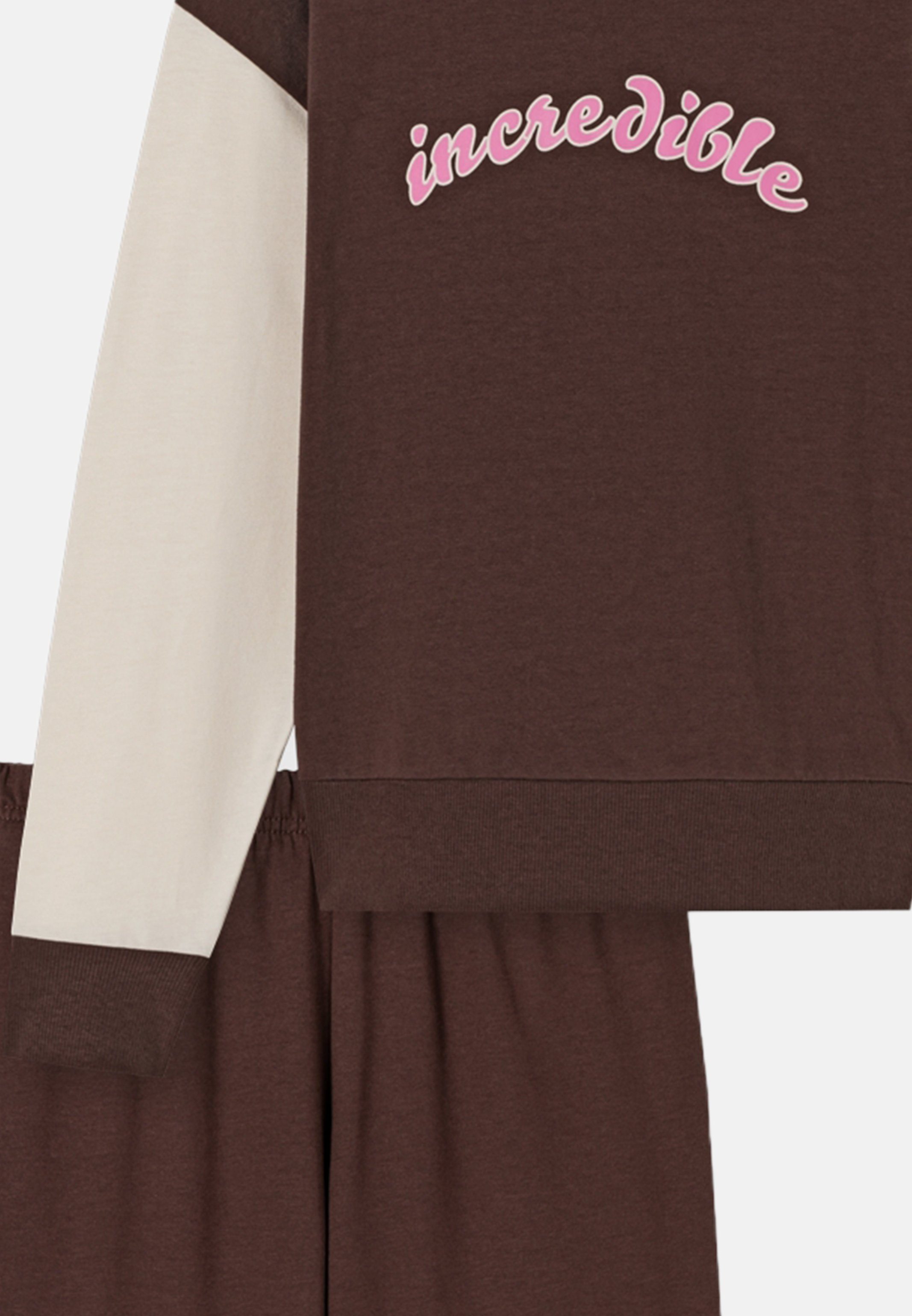 Nightwear 2 Cotton Schiesser - Braun Pyjama Brust-Print Langarmshirt Organic mit Baumwolle Schlafanzug (Set, - tlg)