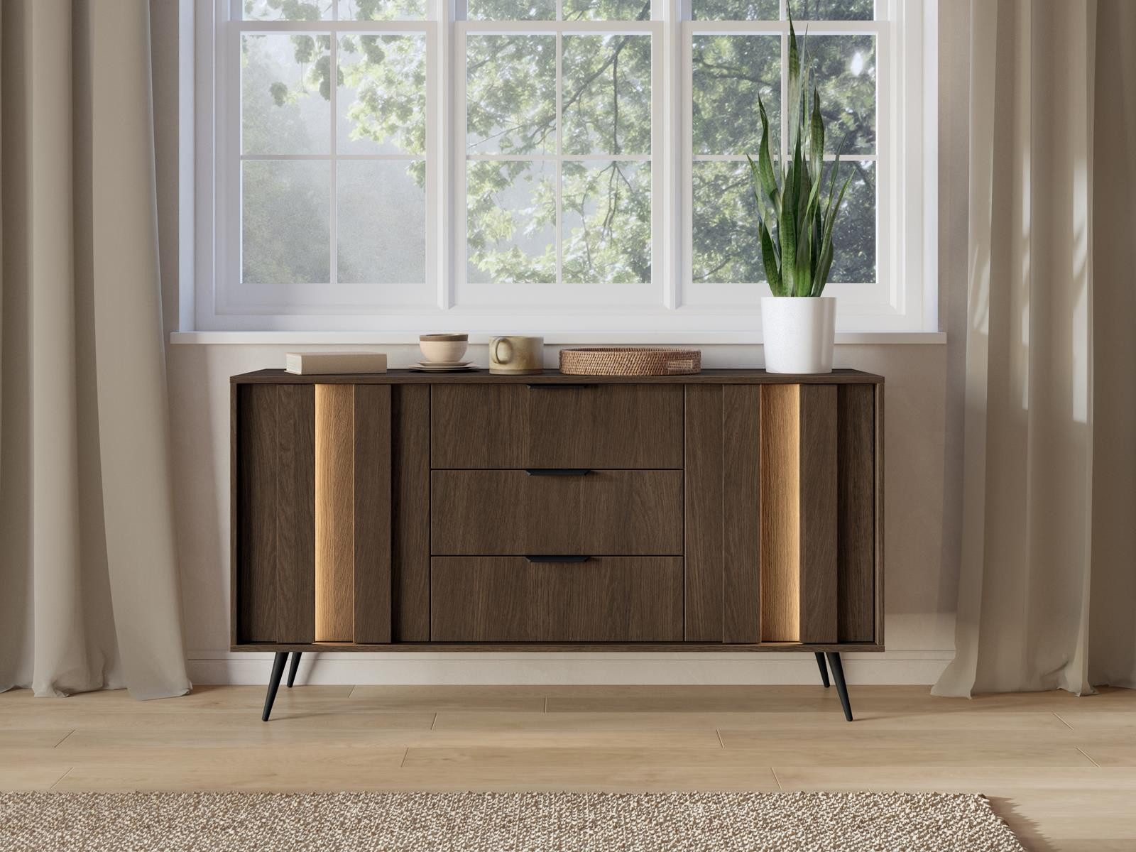 Compleo Kommode mit 3 Schubladen, Nussbaum, Japandi Design, MADE IN EU
