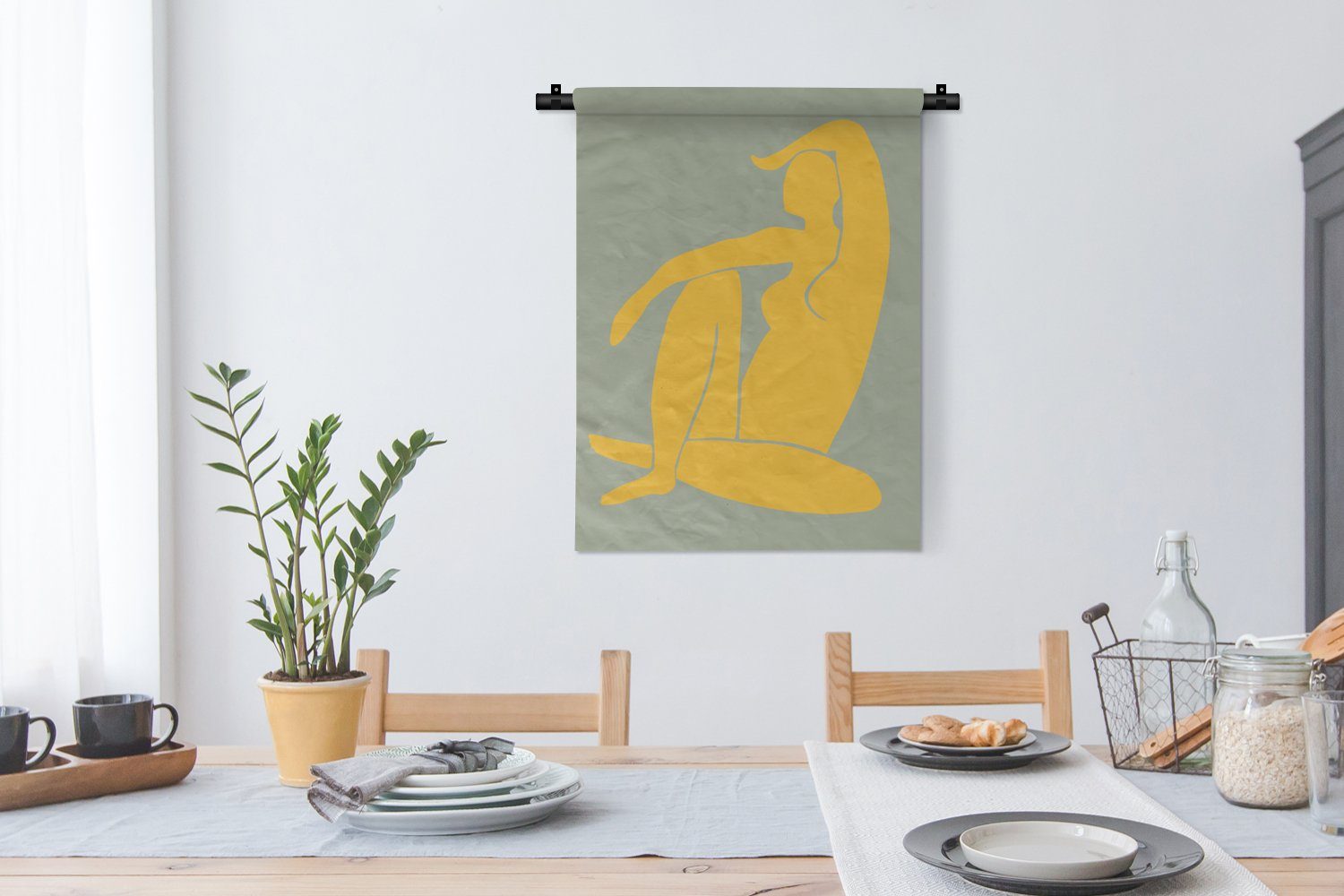 Minimalismus Tapisserie, Frau der Deko Gelb - Grün Wand, Schlafzimmer - - Wanddekoobjekt - für MuchoWow an Wohnzimmer, Design,