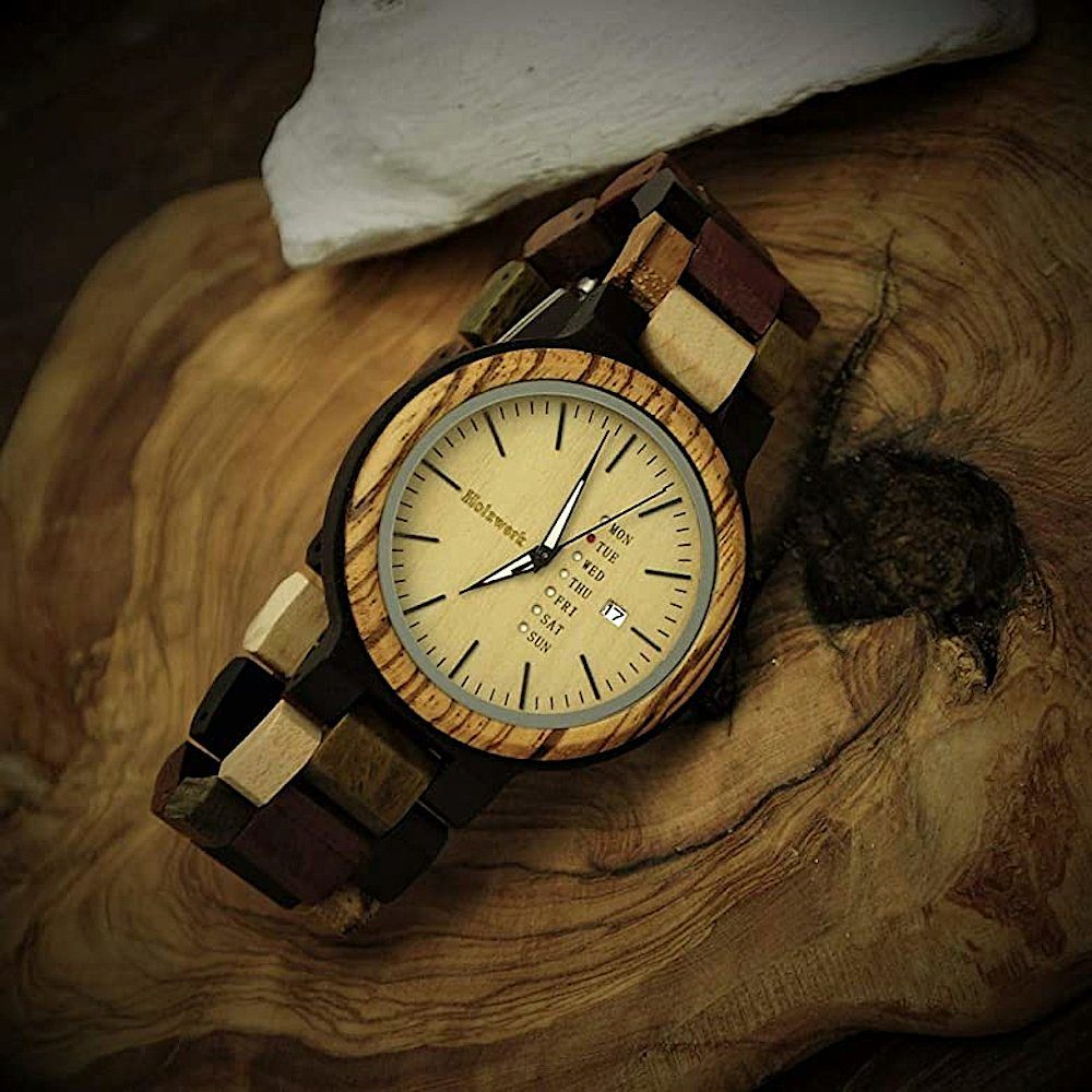 Holzwerk Quarzuhr NORDENHAM Damen & Herren Holz Uhr Armband braun, mit beige Datum
