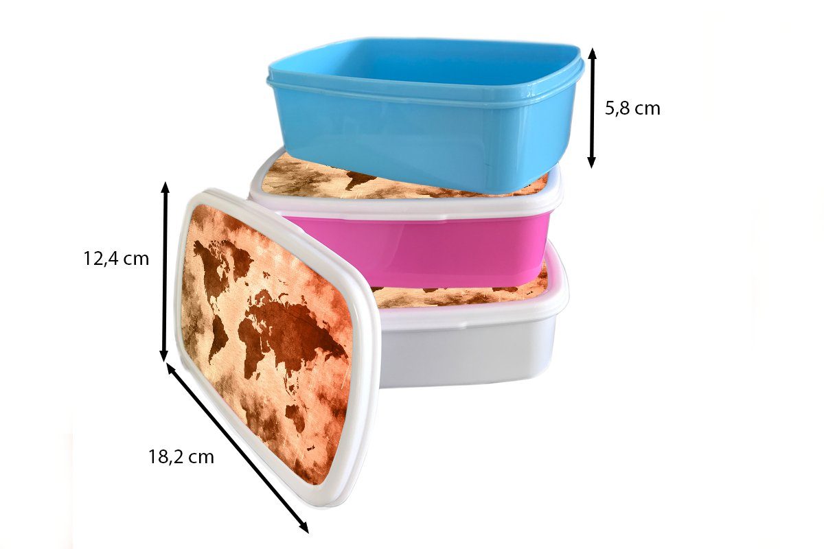 Weltkarte - Rot Brotbox Snackbox, Kunststoff, Erwachsene, Mädchen, Brotdose Lunchbox MuchoWow (2-tlg), rosa Kunststoff - für Braun, Kinder,