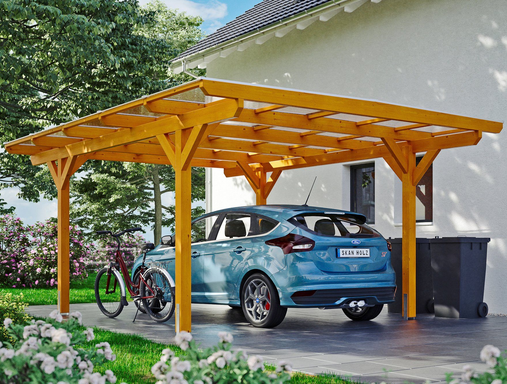 Skanholz Einzelcarport Odenwald, BxT: 428x541 cm, 220 cm Einfahrtshöhe hellbraun | Carports