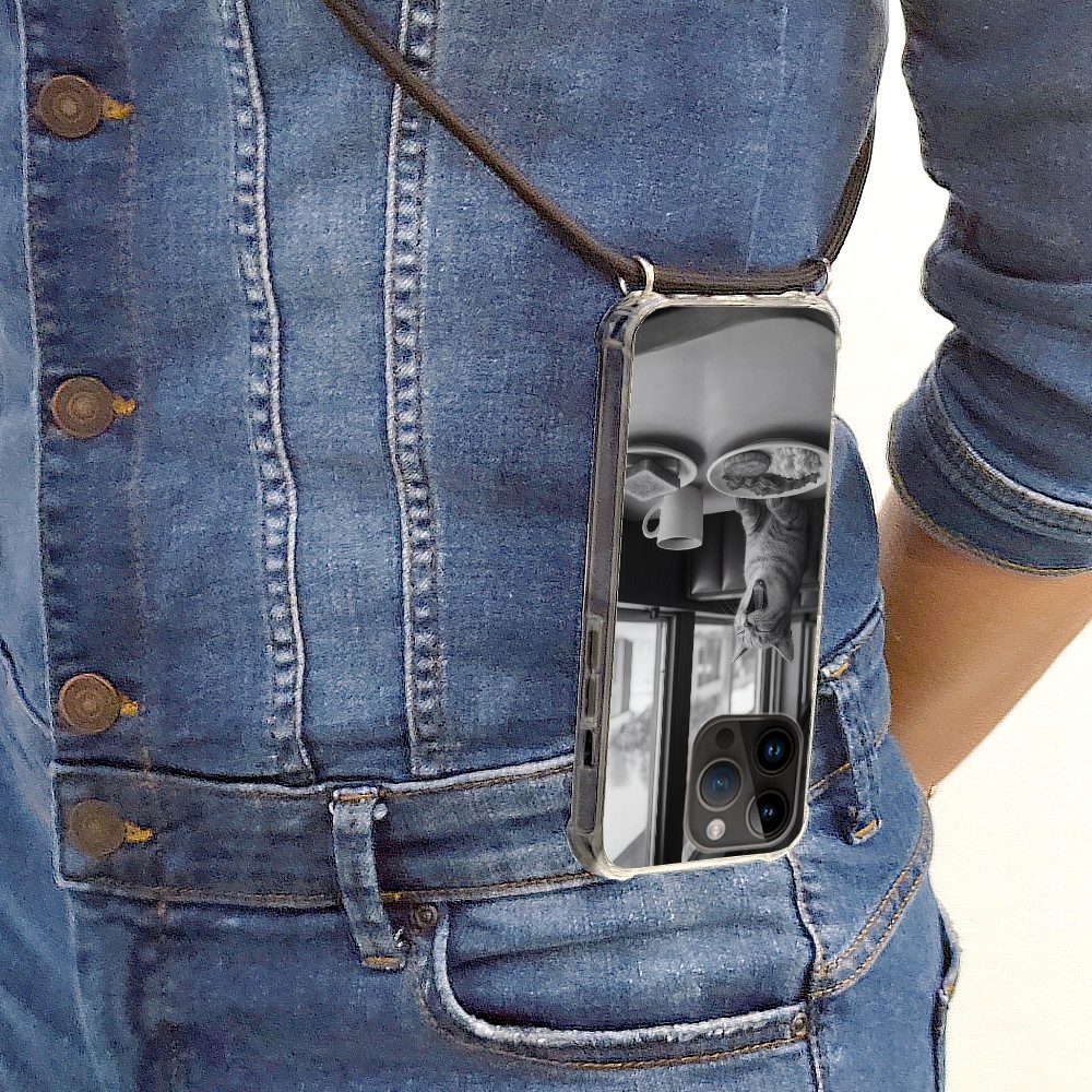 MuchoWow Handyhülle für Apple iPhone 14 Pro Max Katze - Kaffee - Brot - Schwarz, Tragbare Handyhüllen mit Kette zum umhängen, Handykette Handyband