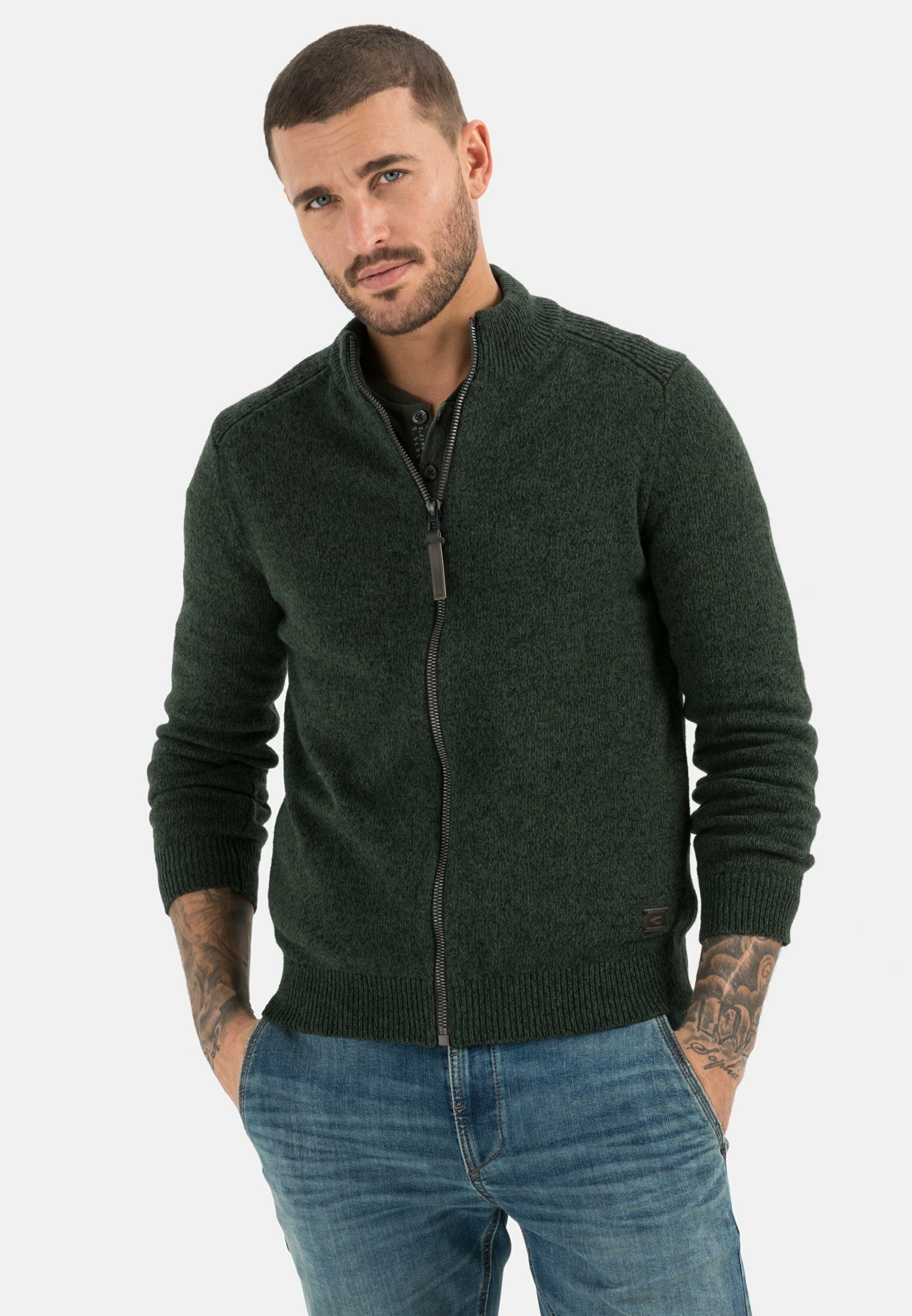camel active Strickjacke mit Wollanteil Stehkragen